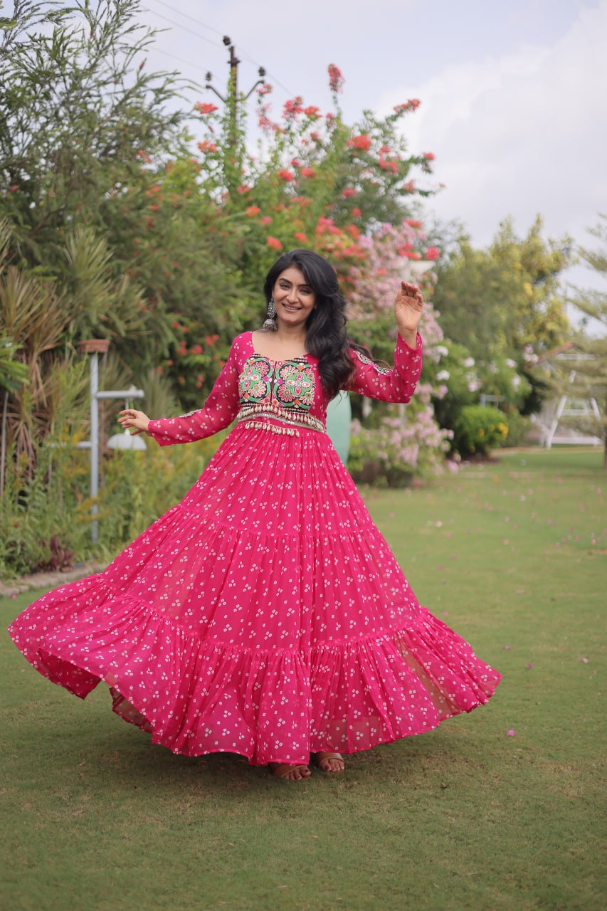Hot Pink Bandhani Faux Georgette Navratri Gown with Kutchi Patchwork | 12 Meter Flair