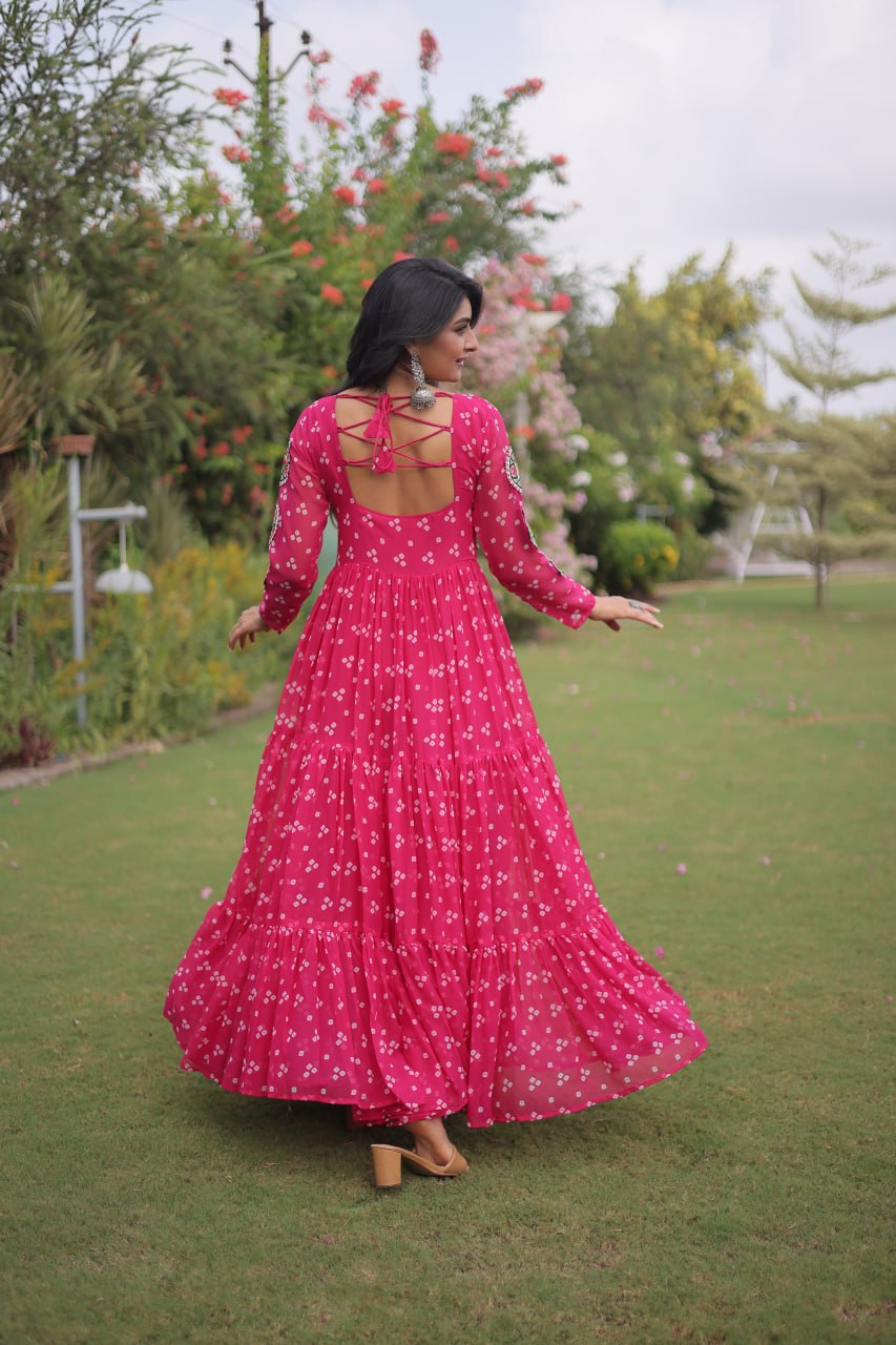 Hot Pink Bandhani Faux Georgette Navratri Gown with Kutchi Patchwork | 12 Meter Flair