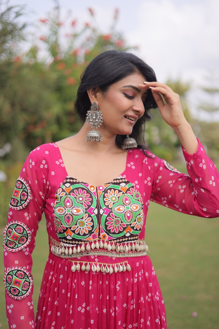 Hot Pink Bandhani Faux Georgette Navratri Gown with Kutchi Patchwork | 12 Meter Flair