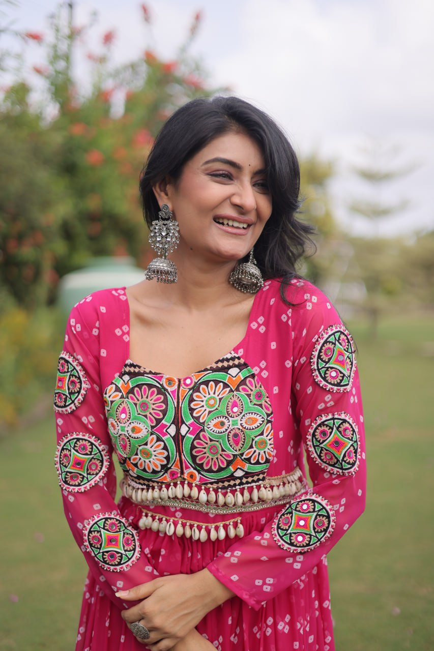 Hot Pink Bandhani Faux Georgette Navratri Gown with Kutchi Patchwork | 12 Meter Flair