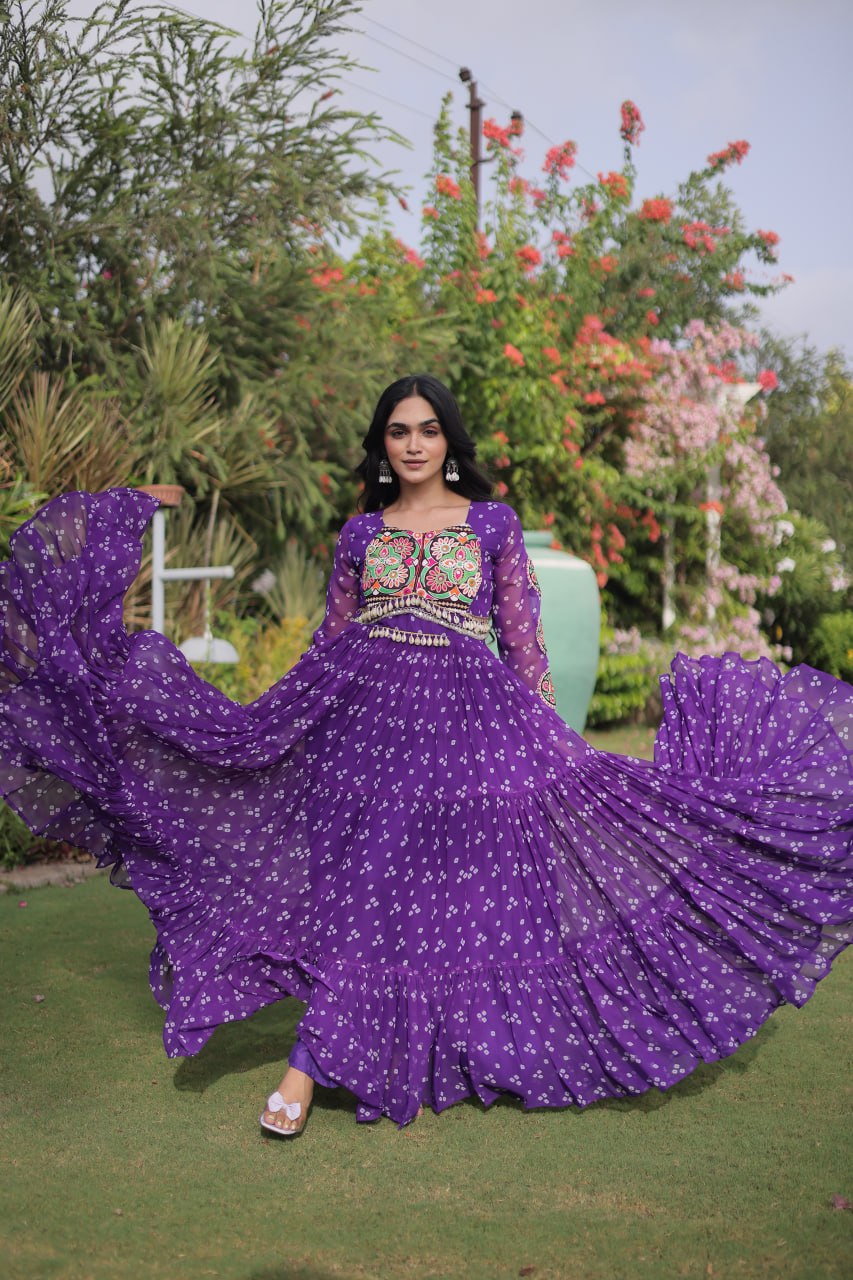 Royal Purple Bandhani Faux Georgette Navratri Gown with Kutchi Patchwork | 12 Meter Flair
