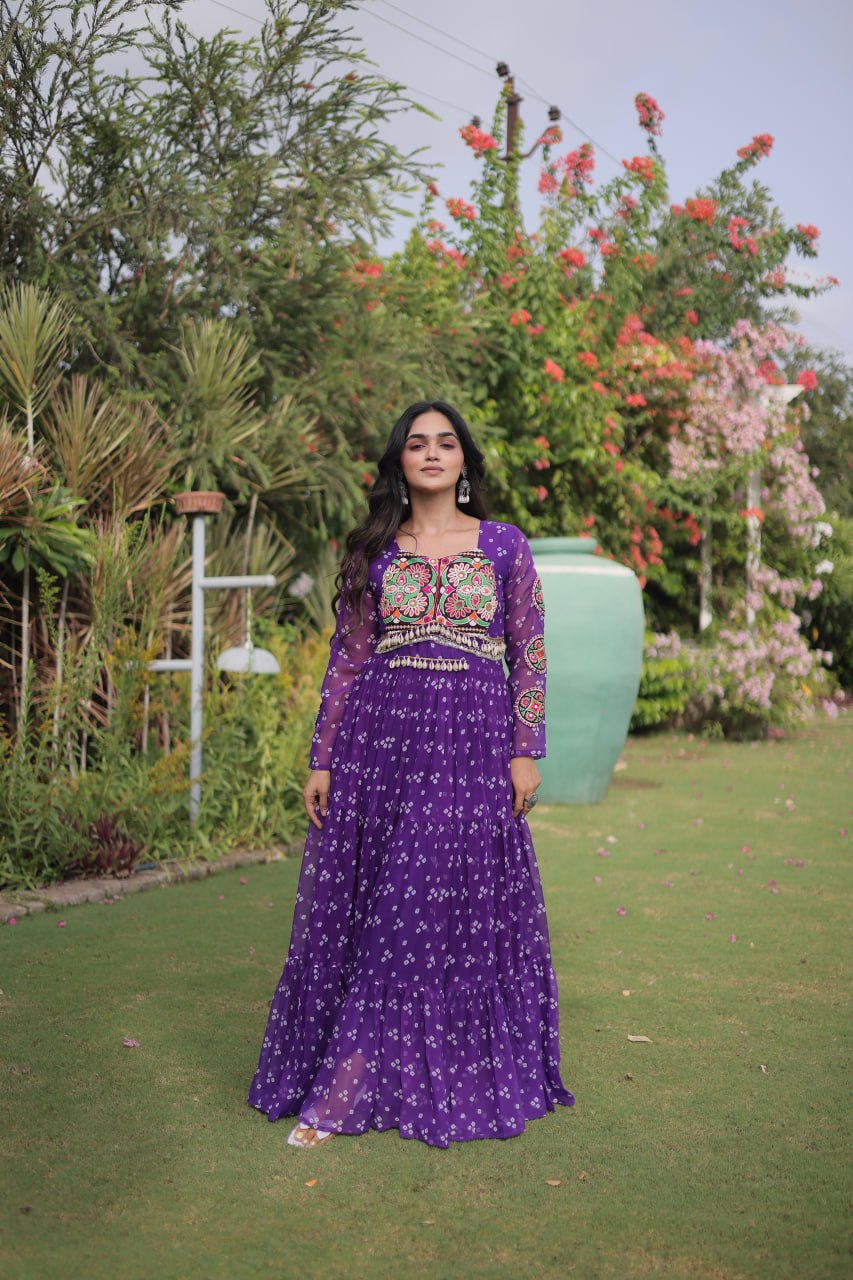 Royal Purple Bandhani Faux Georgette Navratri Gown with Kutchi Patchwork | 12 Meter Flair