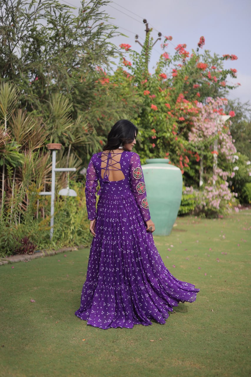 Royal Purple Bandhani Faux Georgette Navratri Gown with Kutchi Patchwork | 12 Meter Flair