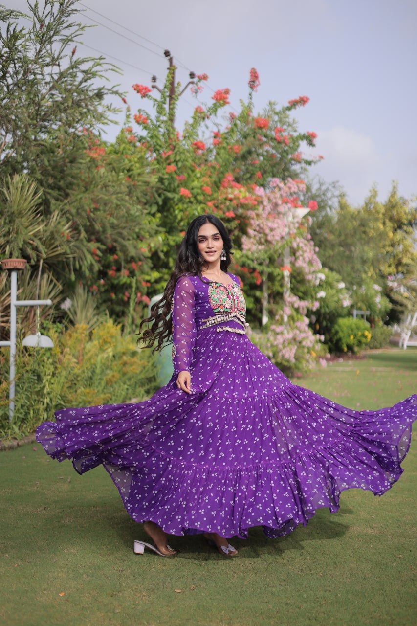 Royal Purple Bandhani Faux Georgette Navratri Gown with Kutchi Patchwork | 12 Meter Flair