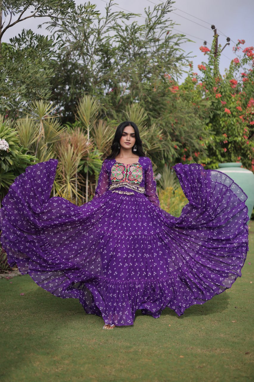 Royal Purple Bandhani Faux Georgette Navratri Gown with Kutchi Patchwork | 12 Meter Flair