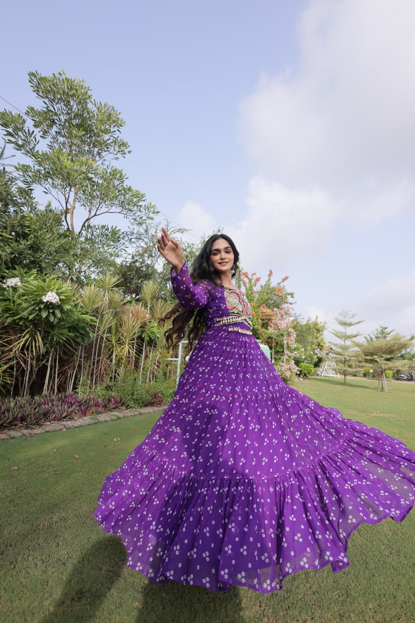 Royal Purple Bandhani Faux Georgette Navratri Gown with Kutchi Patchwork | 12 Meter Flair
