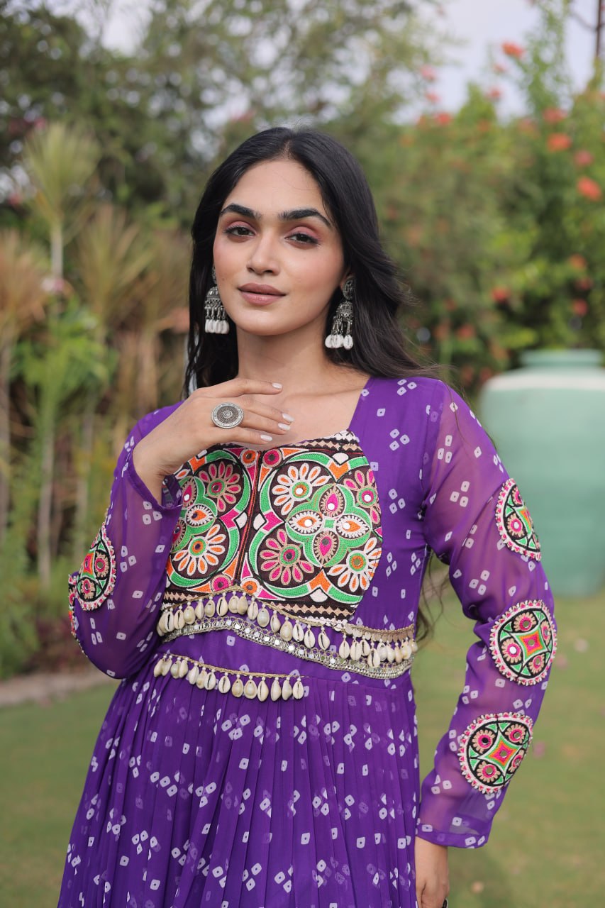 Royal Purple Bandhani Faux Georgette Navratri Gown with Kutchi Patchwork | 12 Meter Flair