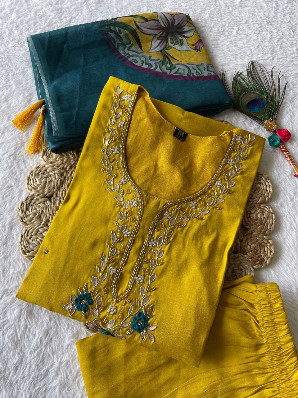 Lemon Yellow Handwork Kurti Pant Dupatta Set