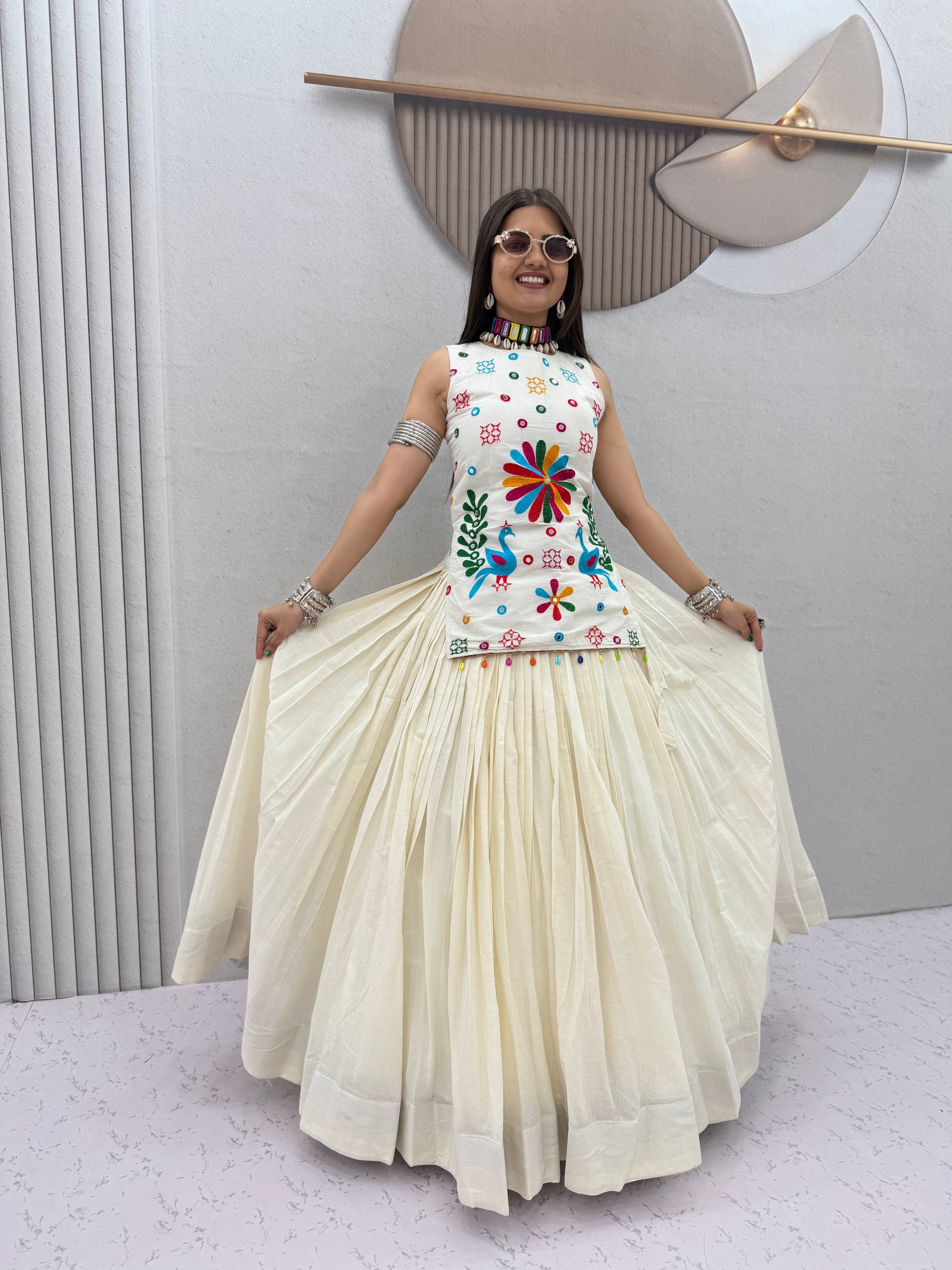 Navratri Special Khadi Cotton Lehenga Choli | Ivory White