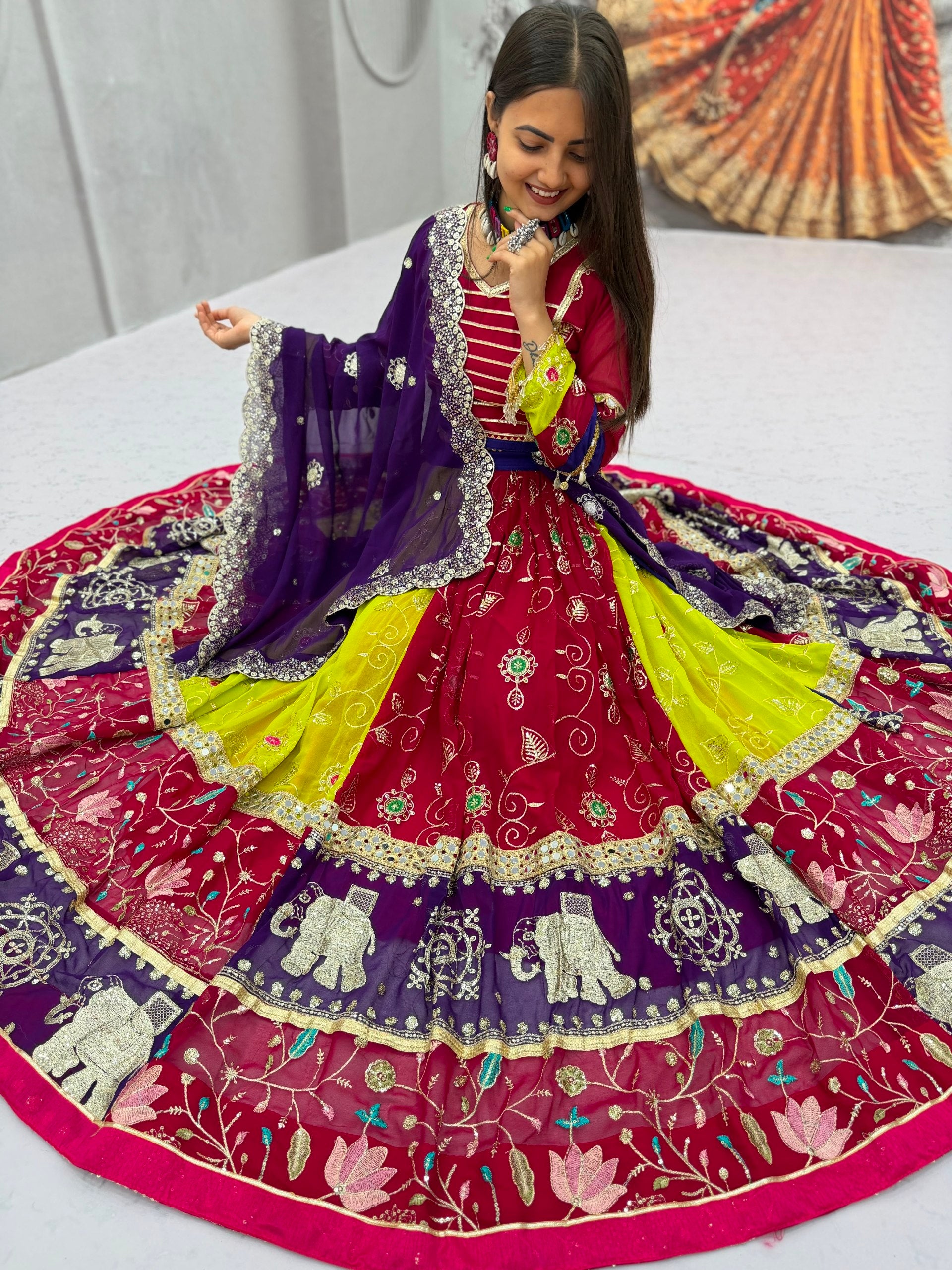 Vintage Magenta, Lime Green & Royal Purple Navratri Chaniya Choli with Mirror Work Dupatta