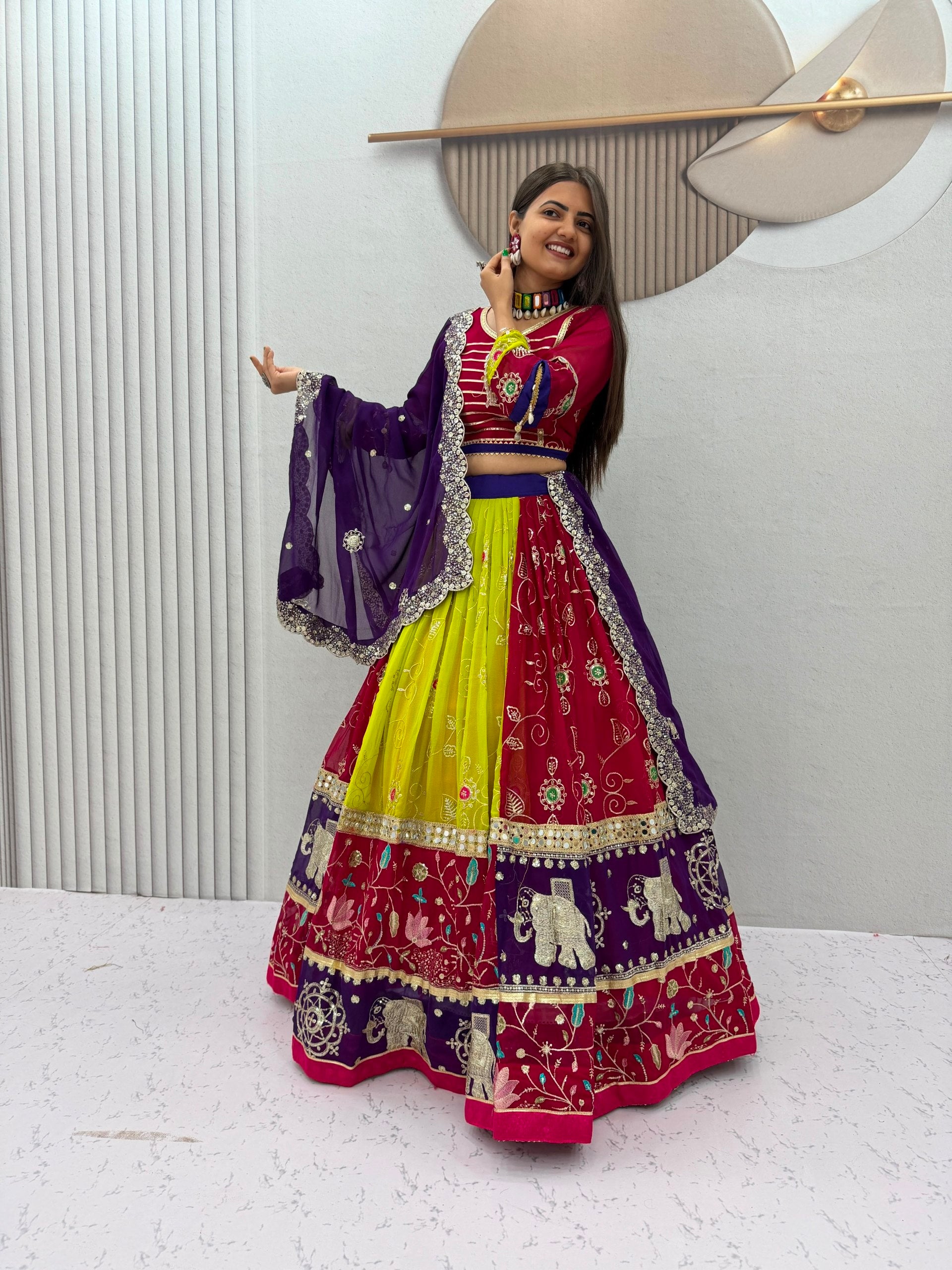 Vintage Magenta, Lime Green & Royal Purple Navratri Chaniya Choli with Mirror Work Dupatta