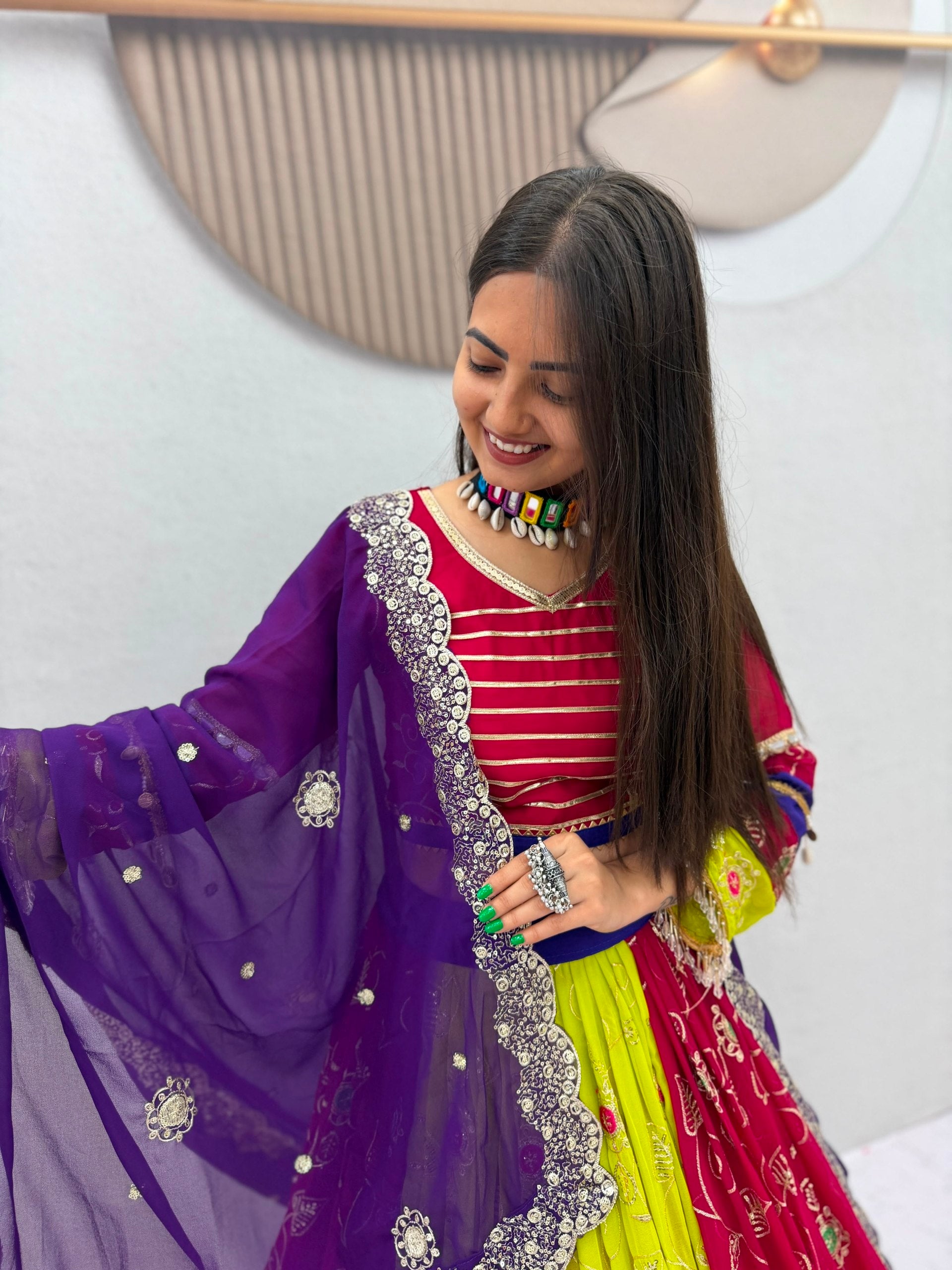 Vintage Magenta, Lime Green & Royal Purple Navratri Chaniya Choli with Mirror Work Dupatta