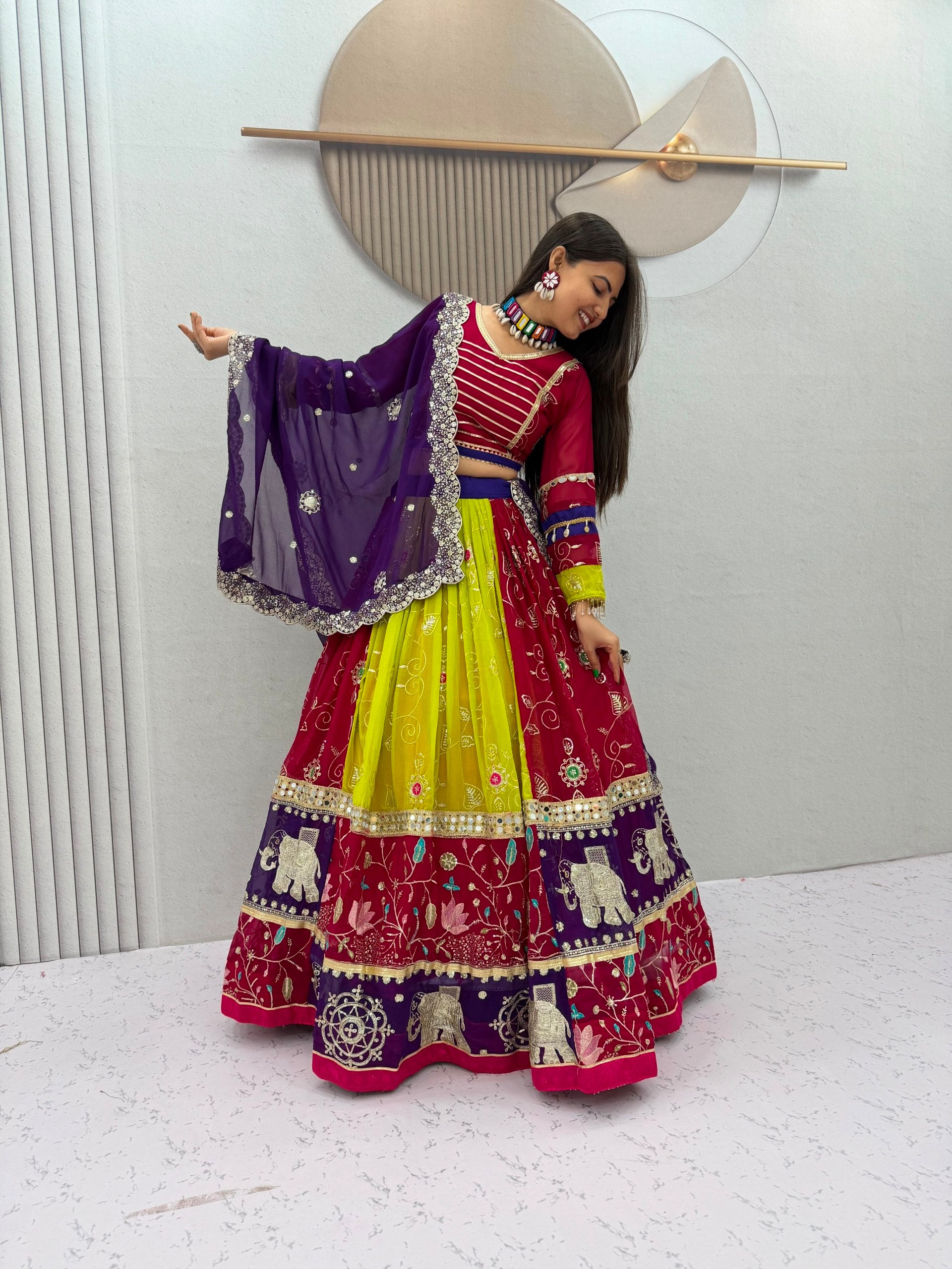 Vintage Magenta, Lime Green & Royal Purple Navratri Chaniya Choli with Mirror Work Dupatta