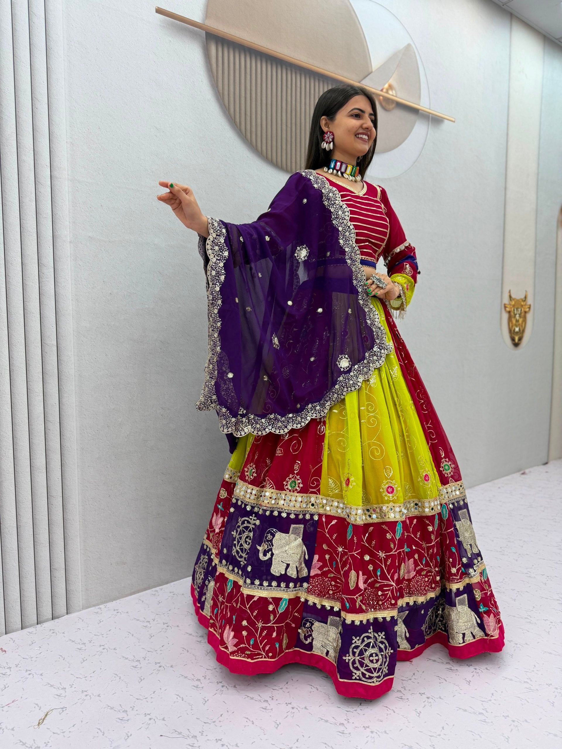 Vintage Magenta, Lime Green & Royal Purple Navratri Chaniya Choli with Mirror Work Dupatta