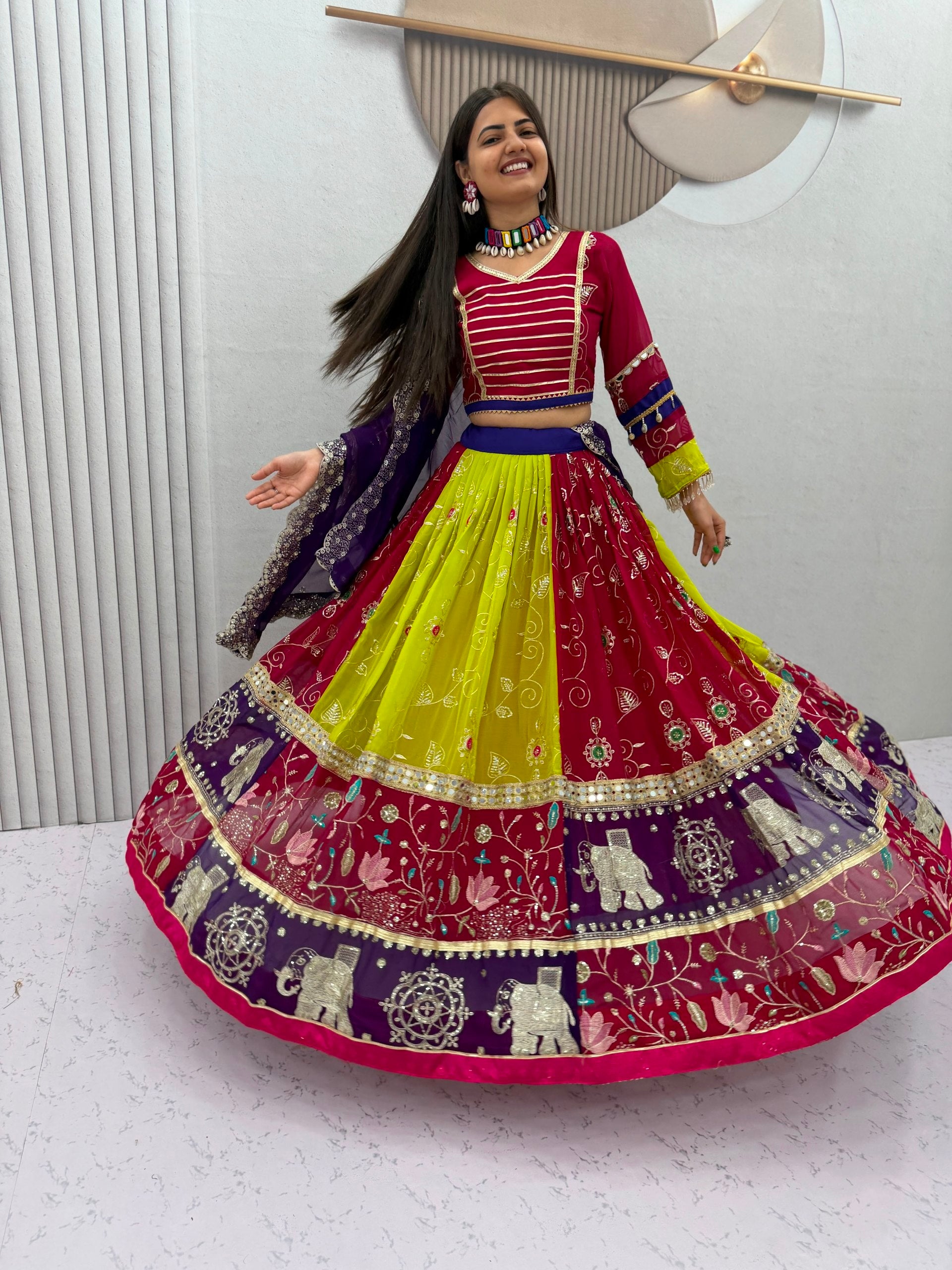 Vintage Magenta, Lime Green & Royal Purple Navratri Chaniya Choli with Mirror Work Dupatta