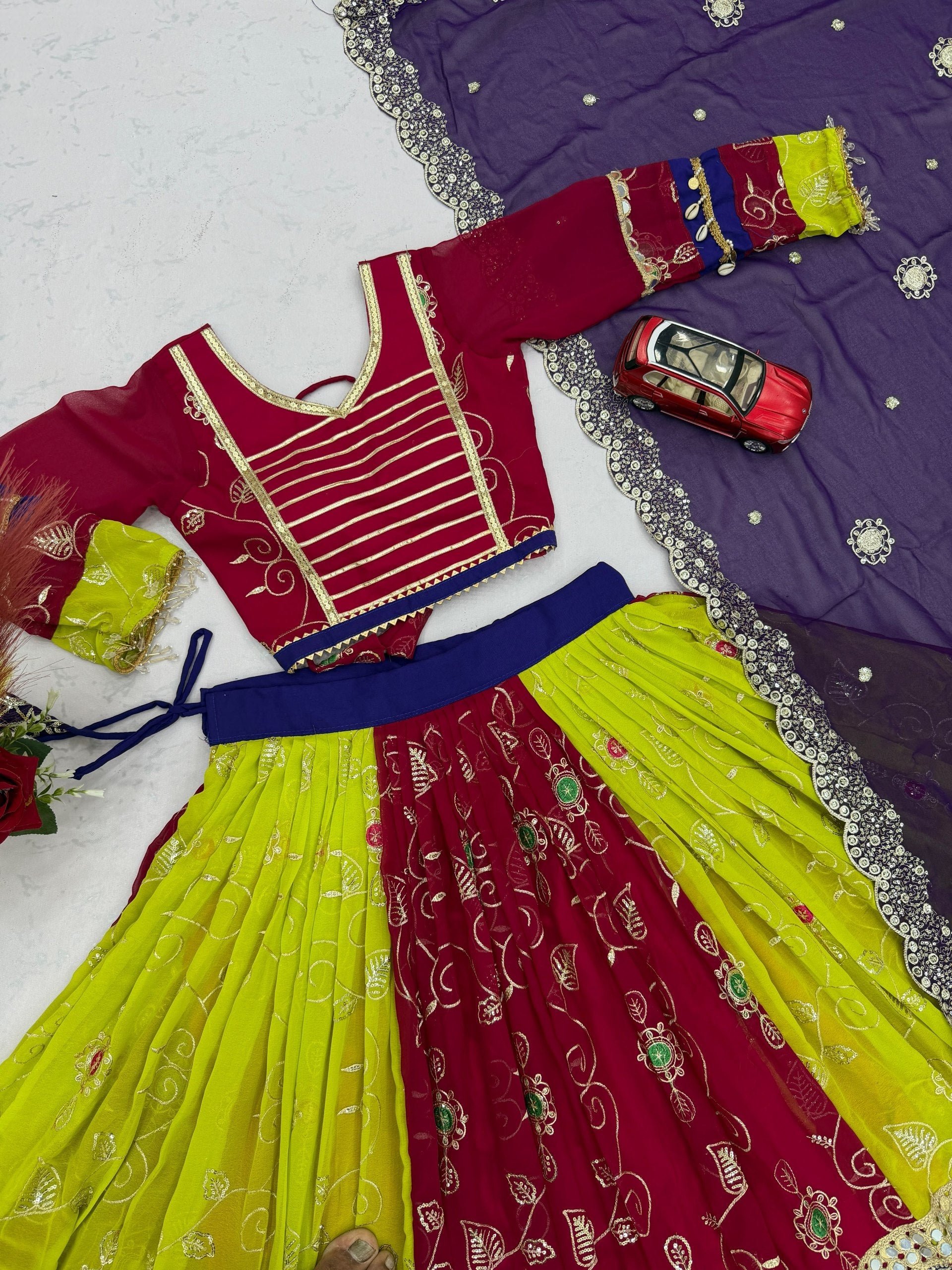 Vintage Magenta, Lime Green & Royal Purple Navratri Chaniya Choli with Mirror Work Dupatta