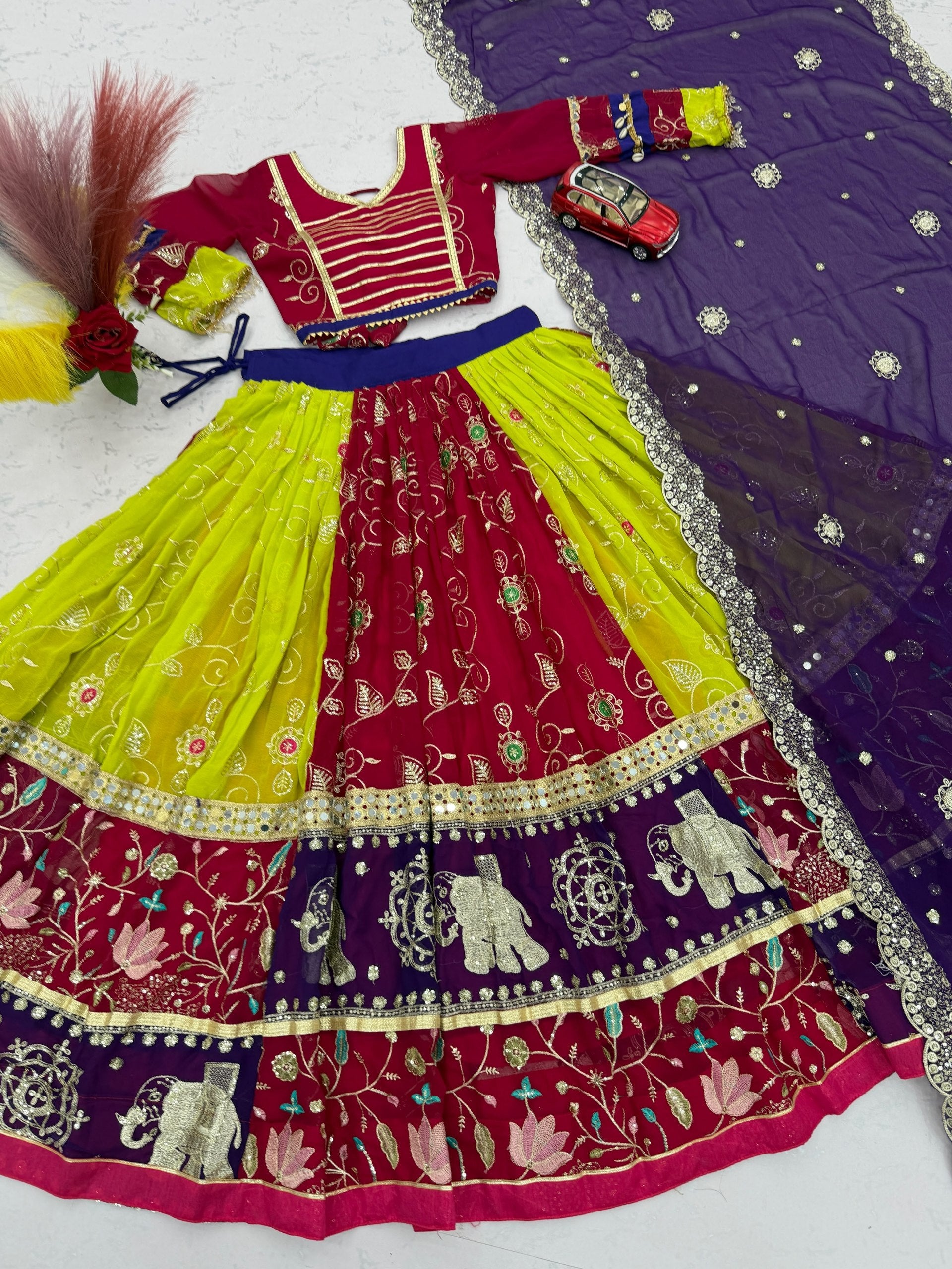 Vintage Magenta, Lime Green & Royal Purple Navratri Chaniya Choli with Mirror Work Dupatta