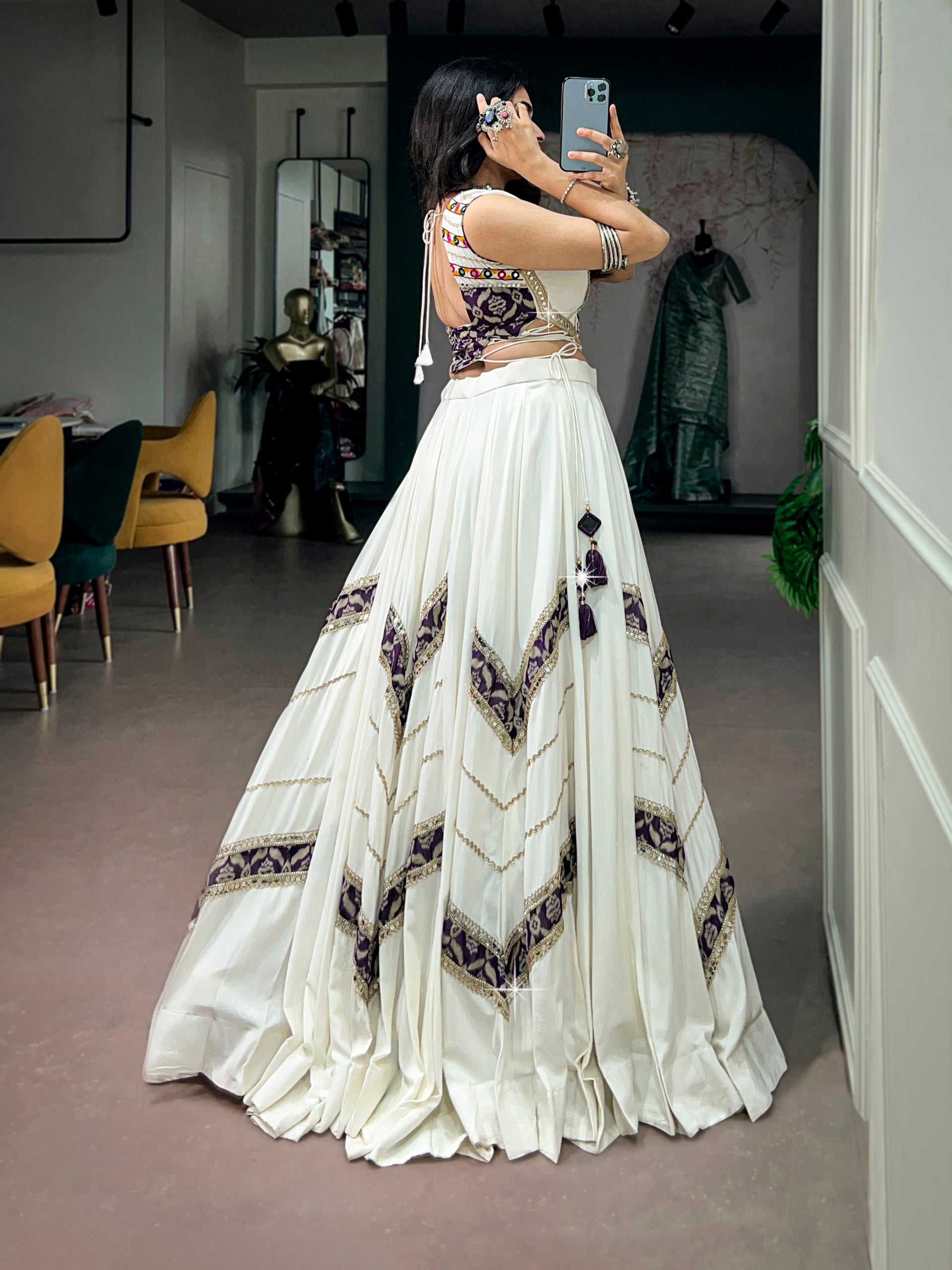 White Pure Rayon Navratri Lehenga Choli with Purple Gamthi Mirror Blouse | 6 Meter Flair