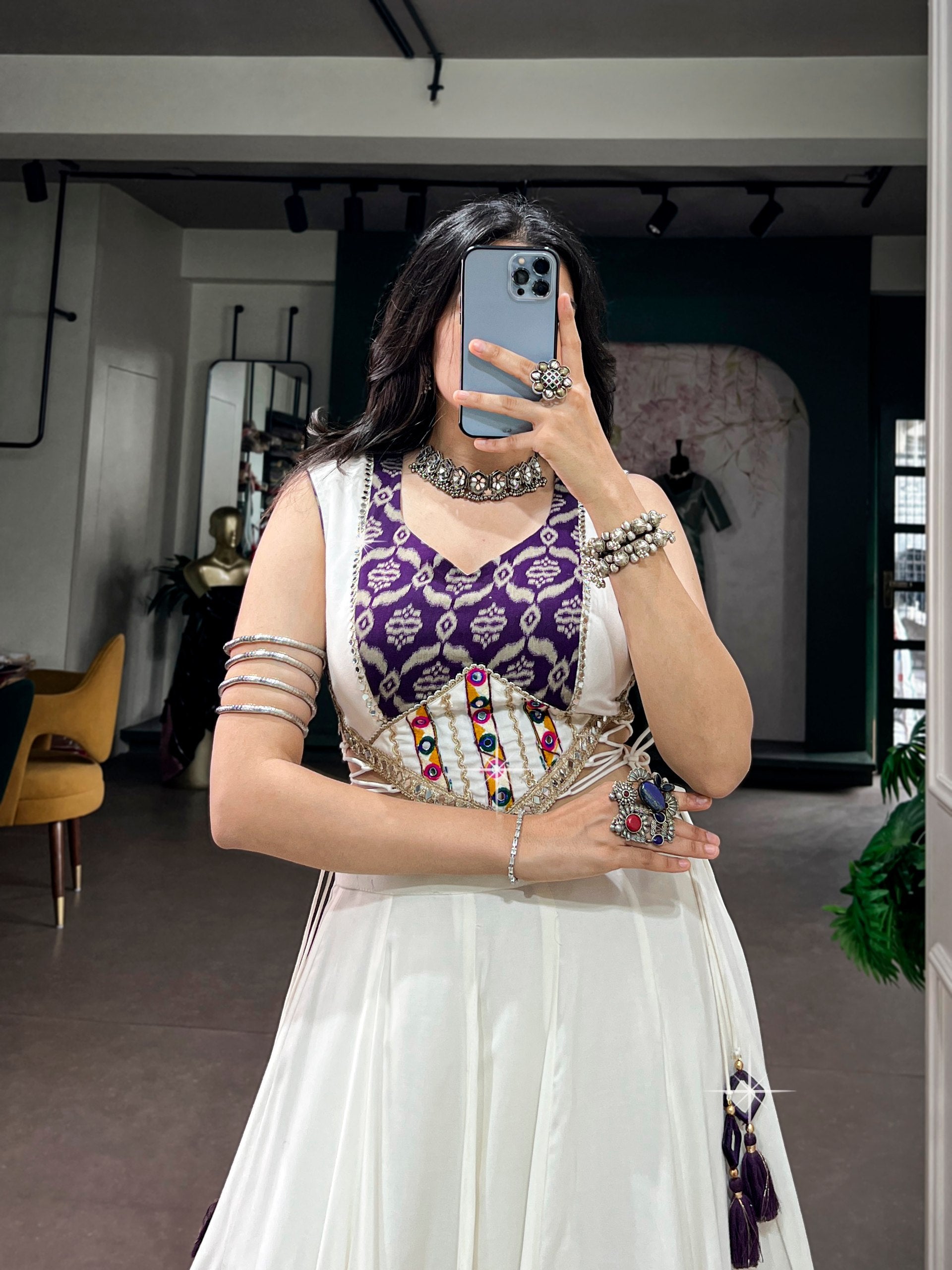 White Pure Rayon Navratri Lehenga Choli with Purple Gamthi Mirror Blouse | 6 Meter Flair