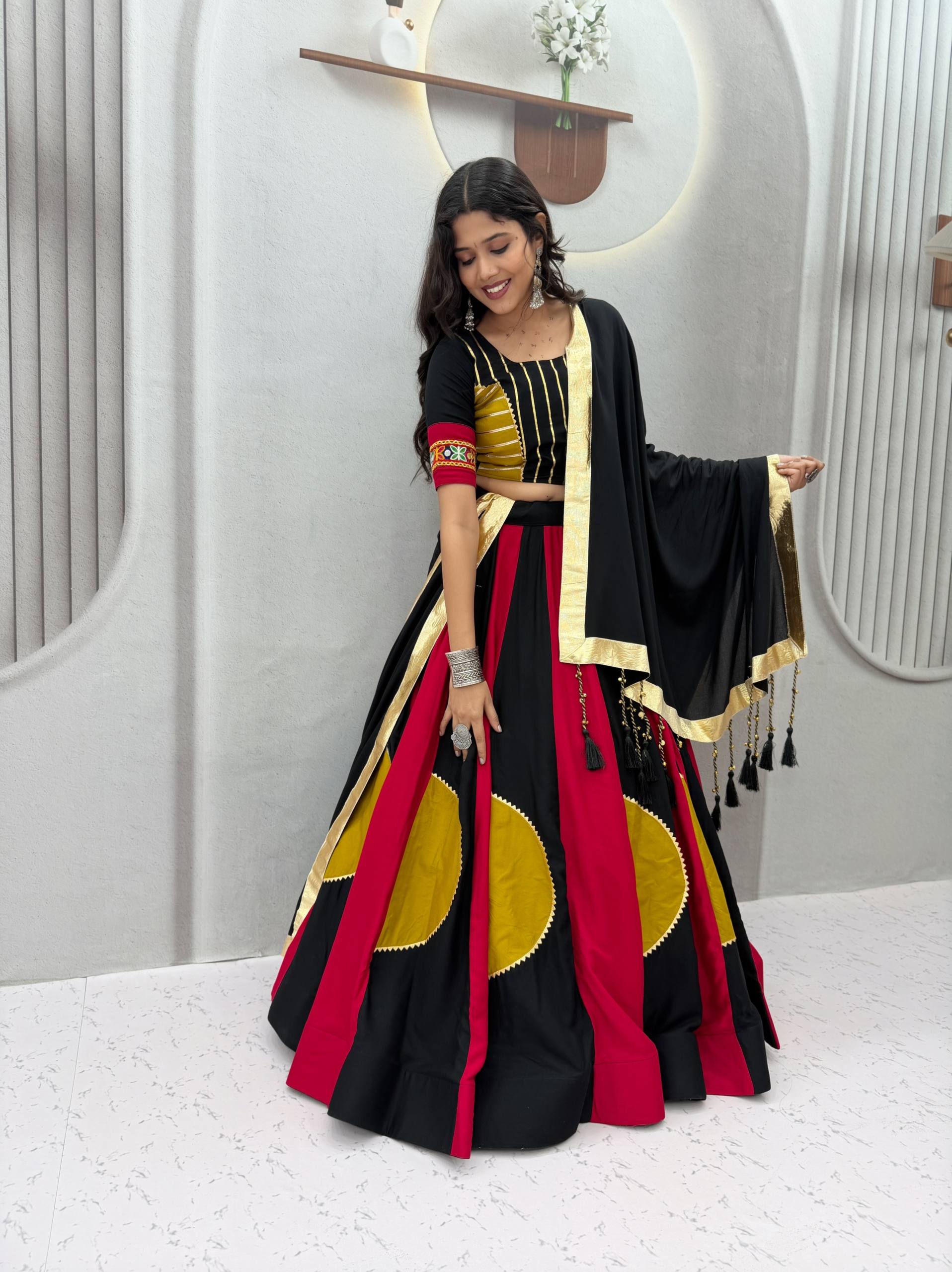 Black & Magenta Gamthi Work Cotton Lehenga Choli with Mustard Details