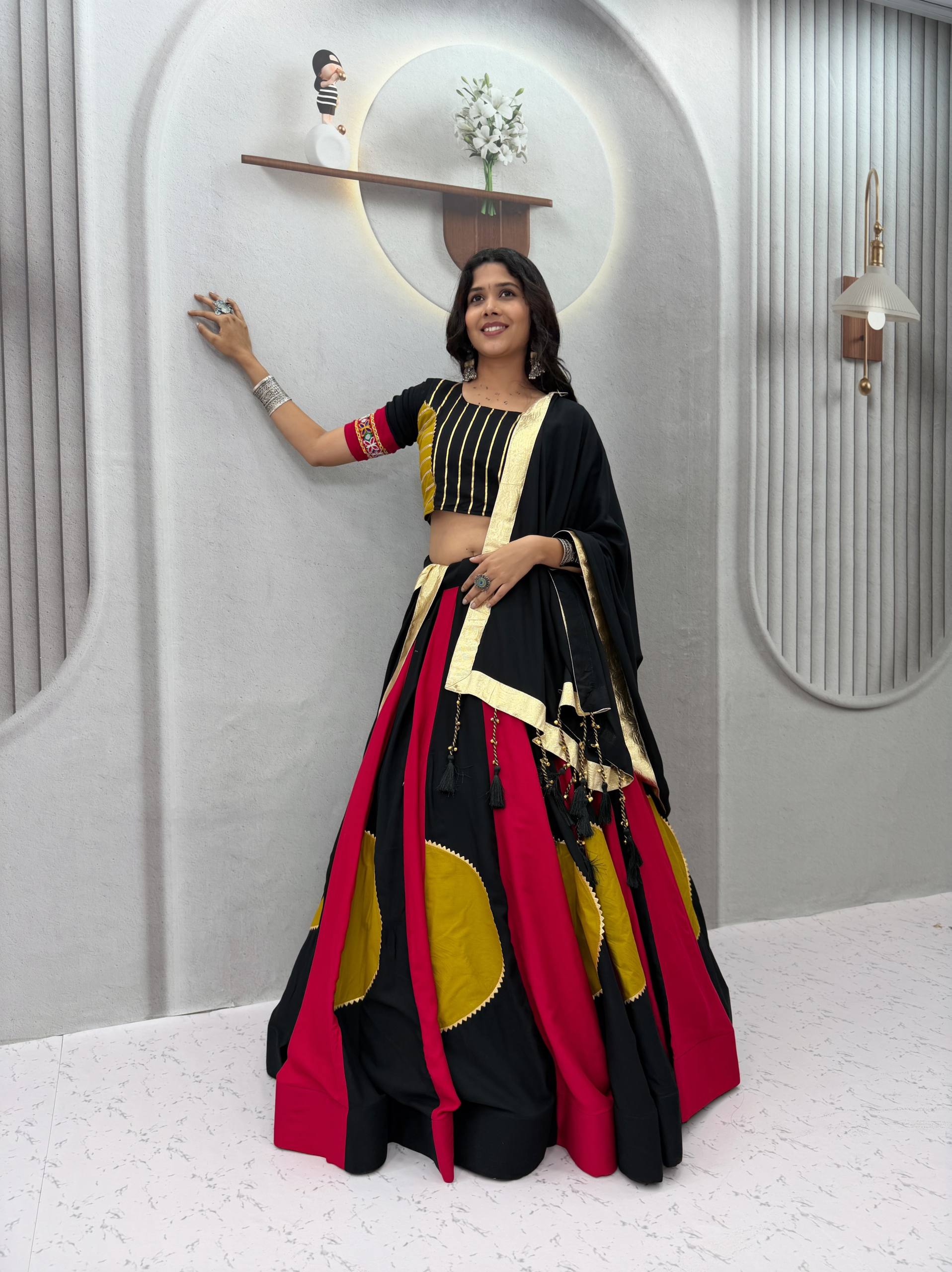 Black & Magenta Gamthi Work Cotton Lehenga Choli with Mustard Details