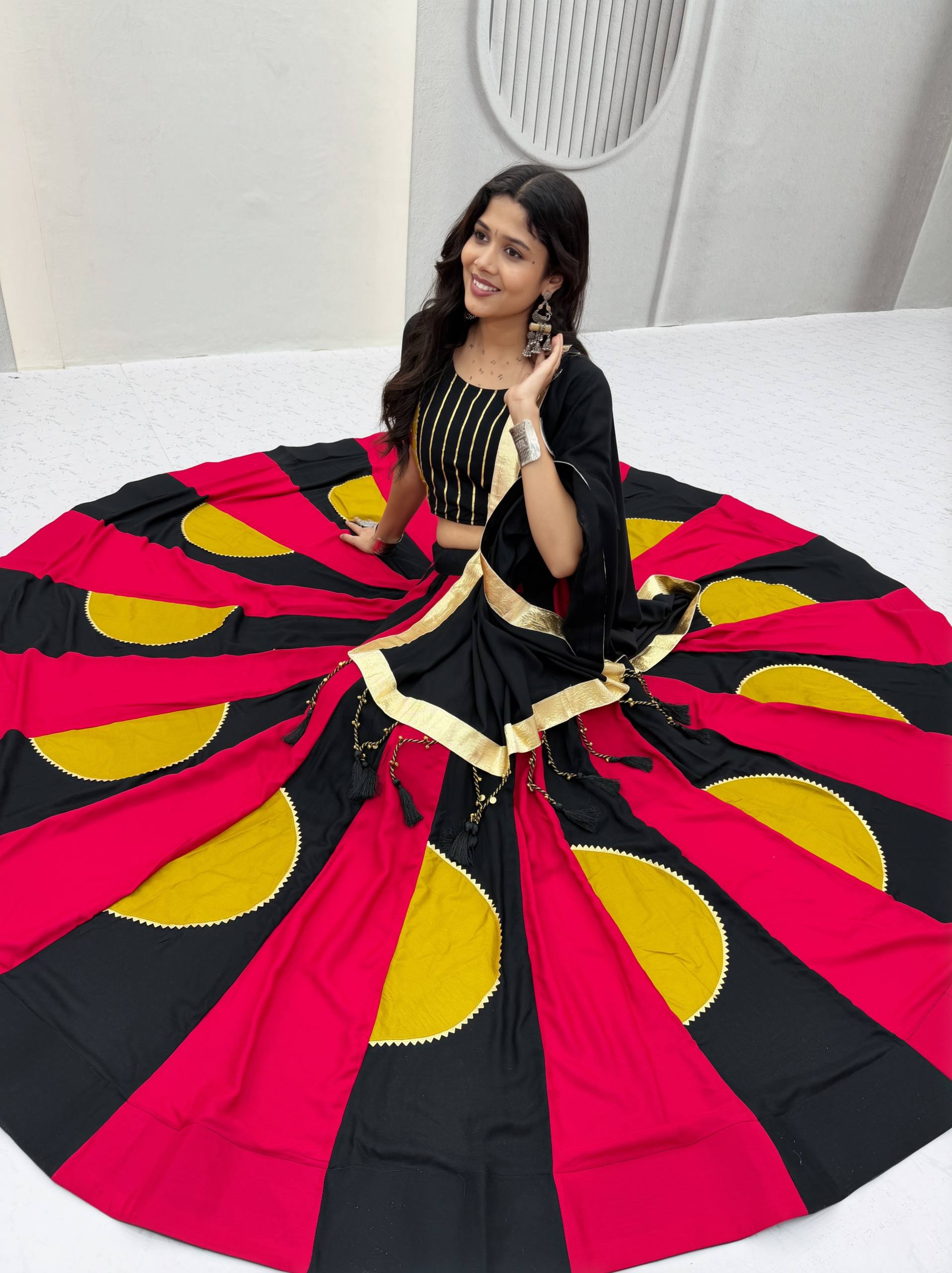 Black & Magenta Gamthi Work Cotton Lehenga Choli with Mustard Details