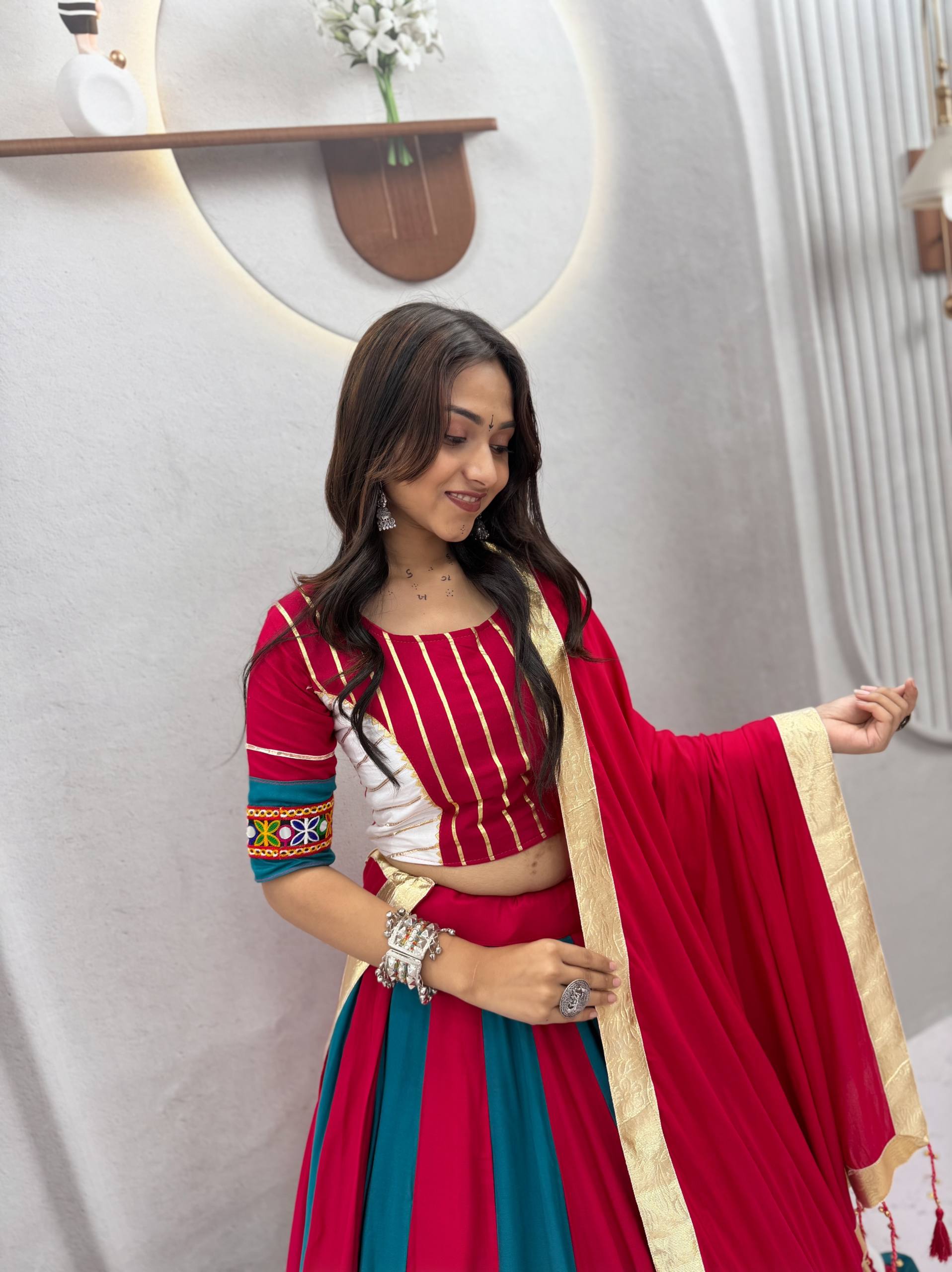 Red & Teal Gamthi Work Cotton Lehenga Choli with 6 Meter Flair