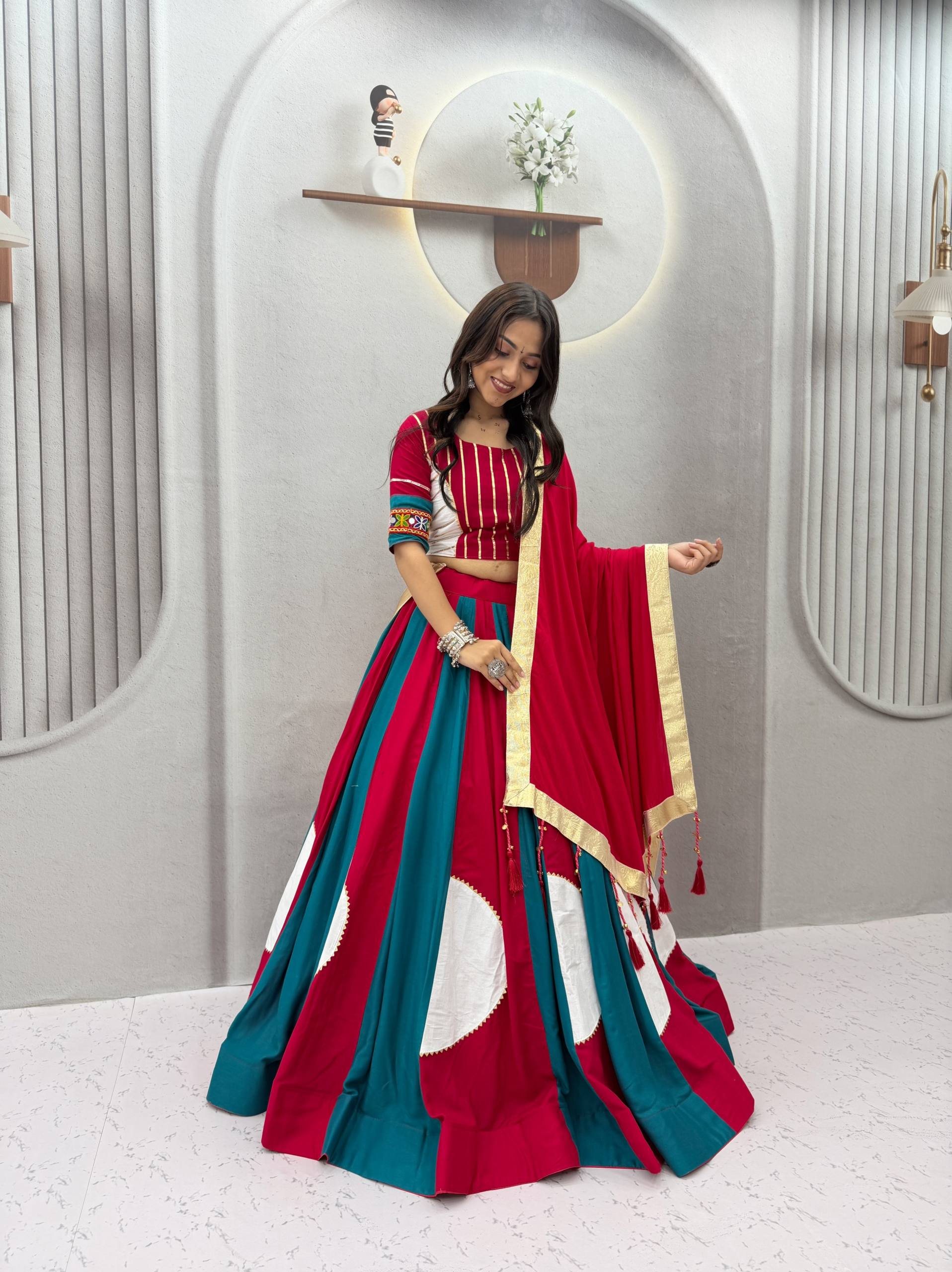Red & Teal Gamthi Work Cotton Lehenga Choli with 6 Meter Flair