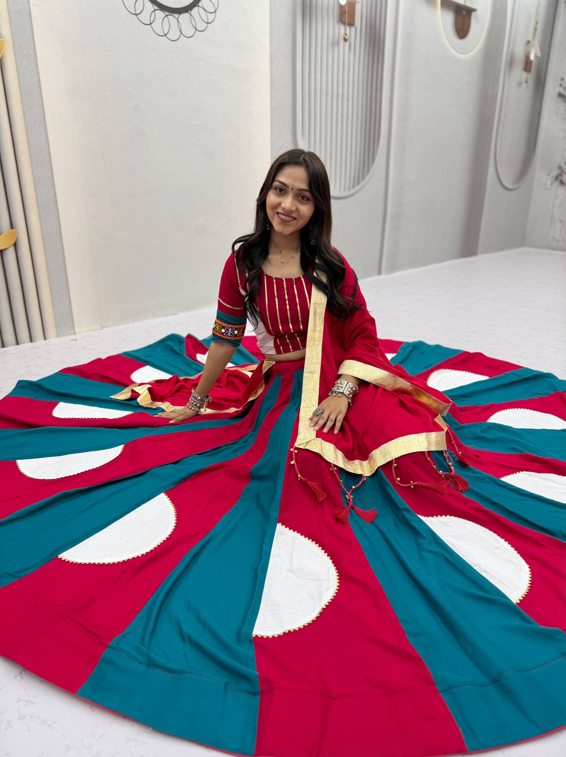 Red & Teal Gamthi Work Cotton Lehenga Choli with 6 Meter Flair