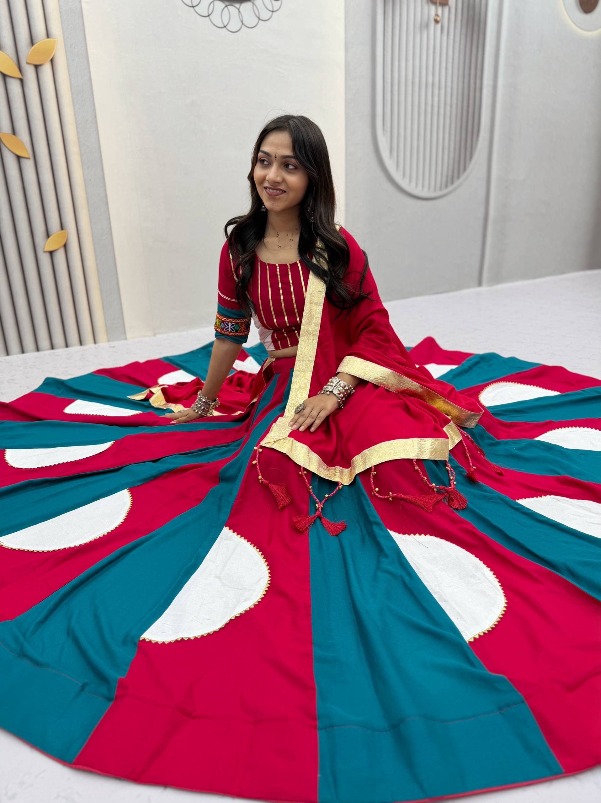 Red & Teal Gamthi Work Cotton Lehenga Choli with 6 Meter Flair