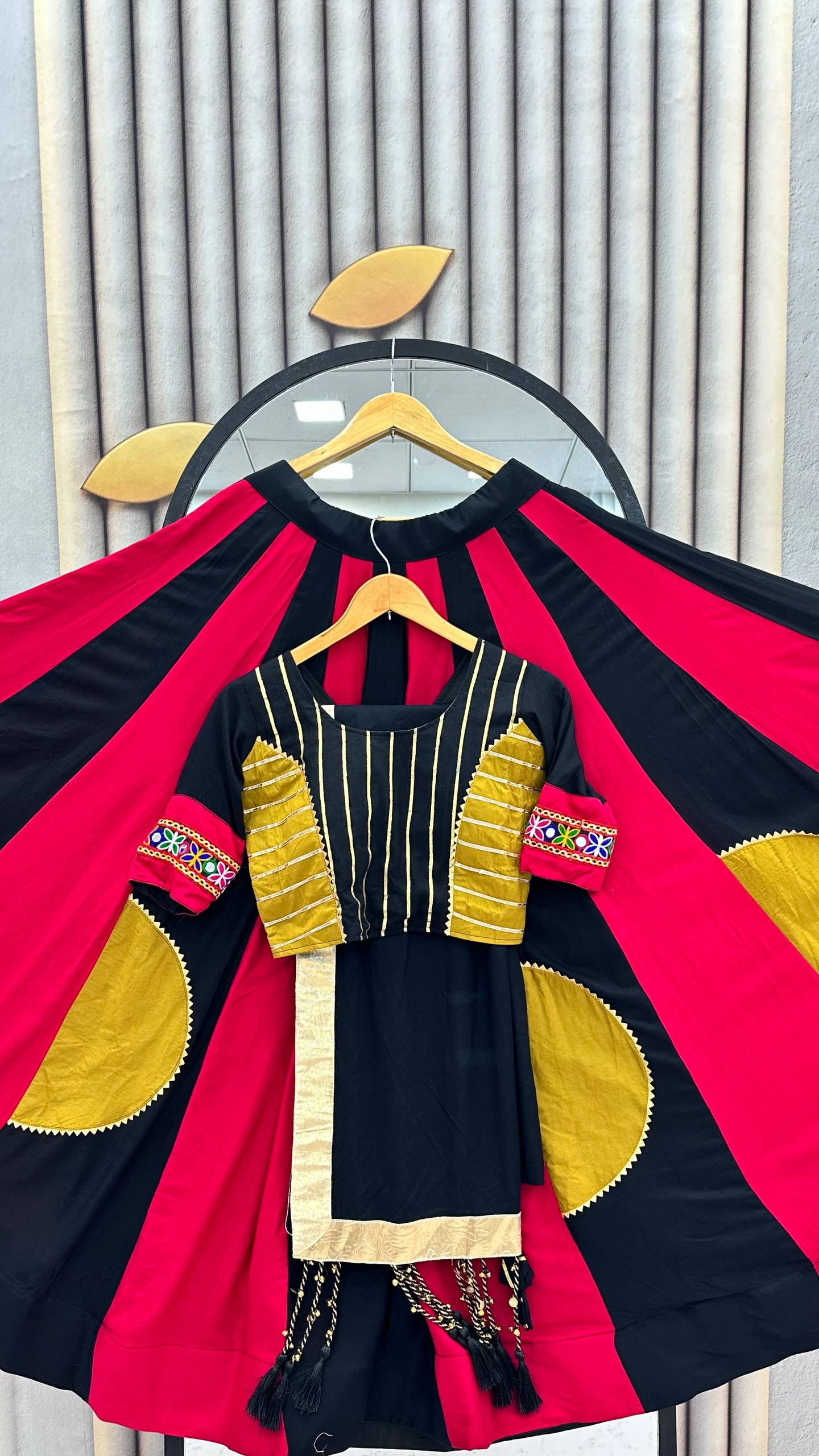 Black & Magenta Gamthi Work Cotton Lehenga Choli with Mustard Details