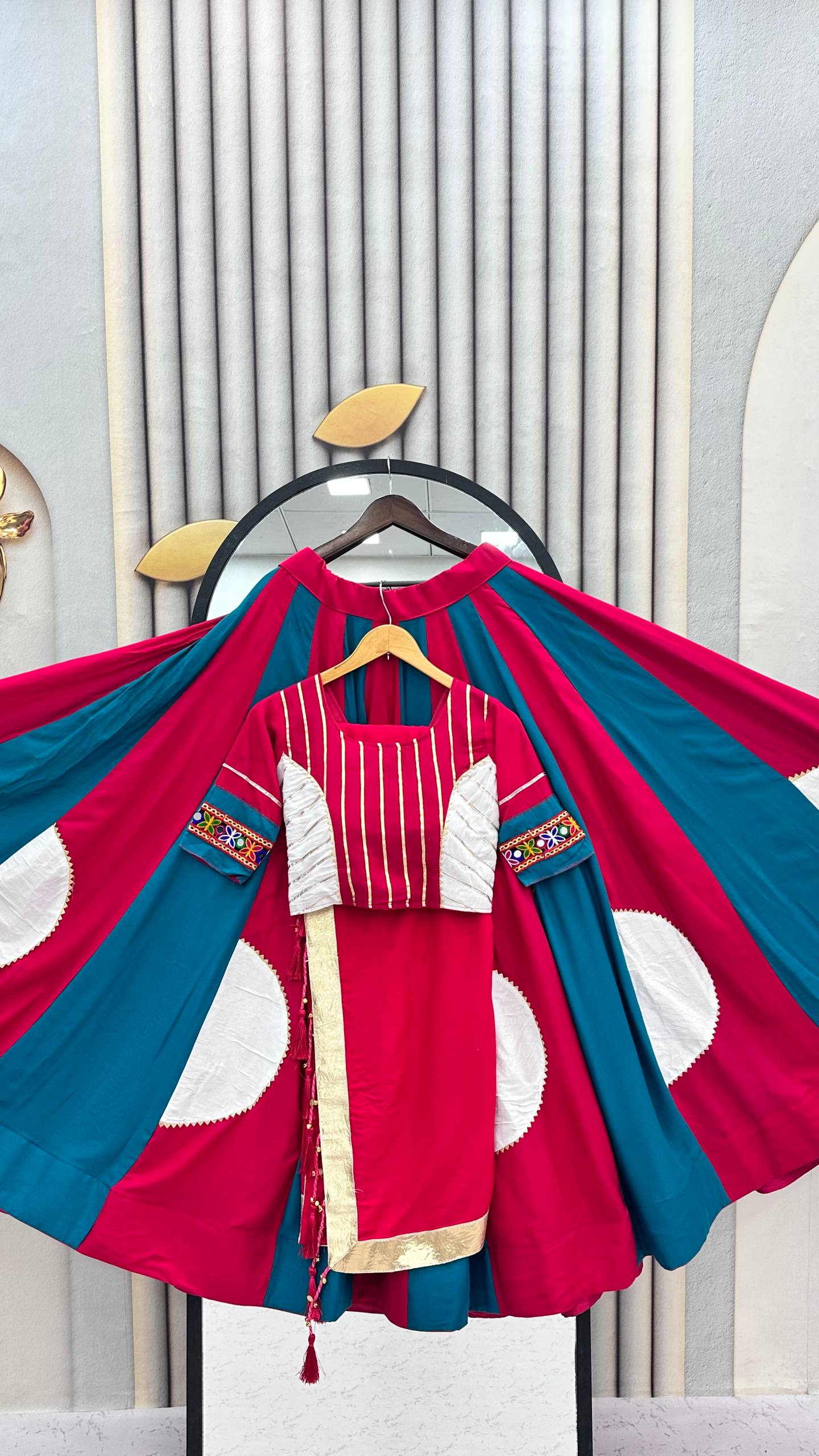 Red & Teal Gamthi Work Cotton Lehenga Choli with 6 Meter Flair