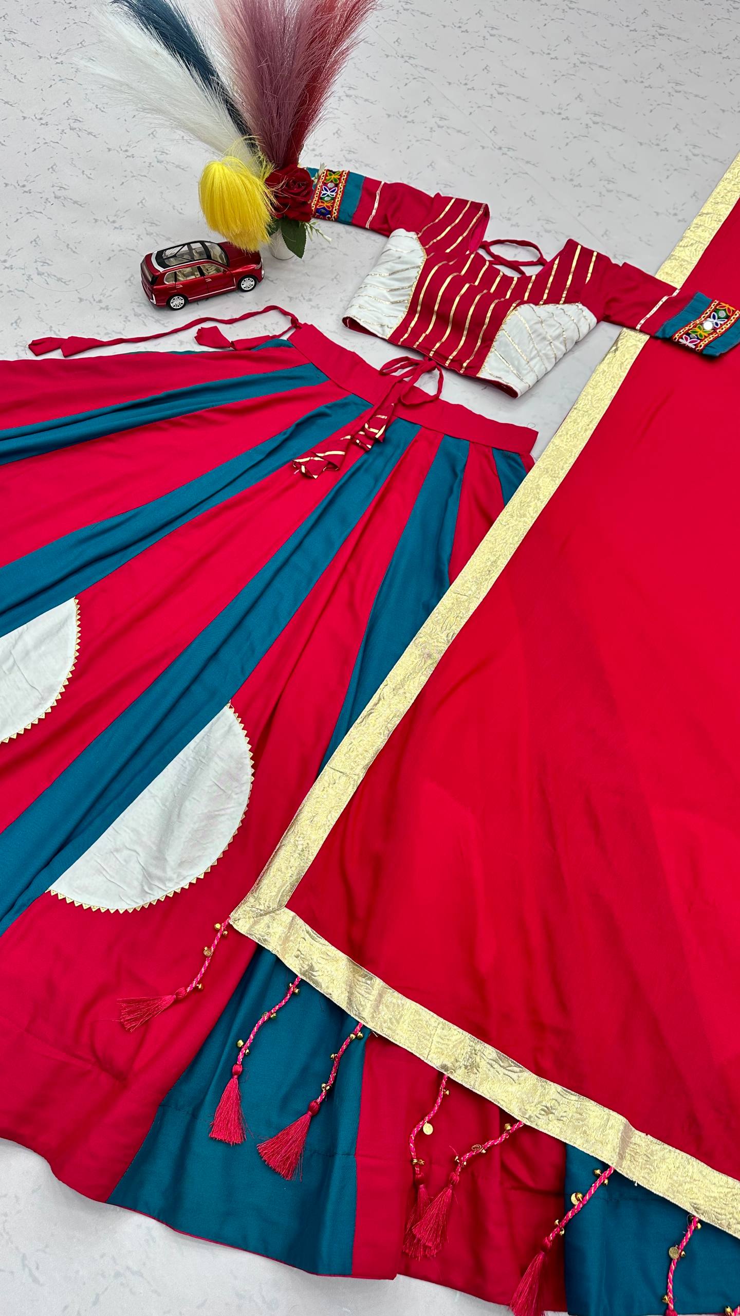 Red & Teal Gamthi Work Cotton Lehenga Choli with 6 Meter Flair