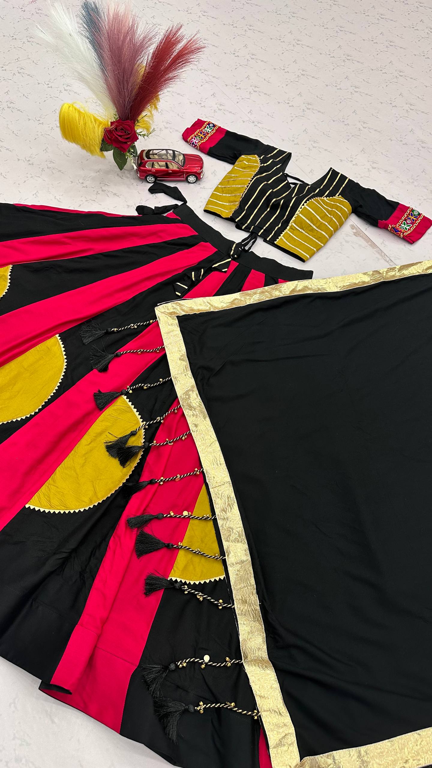 Black & Magenta Gamthi Work Cotton Lehenga Choli with Mustard Details