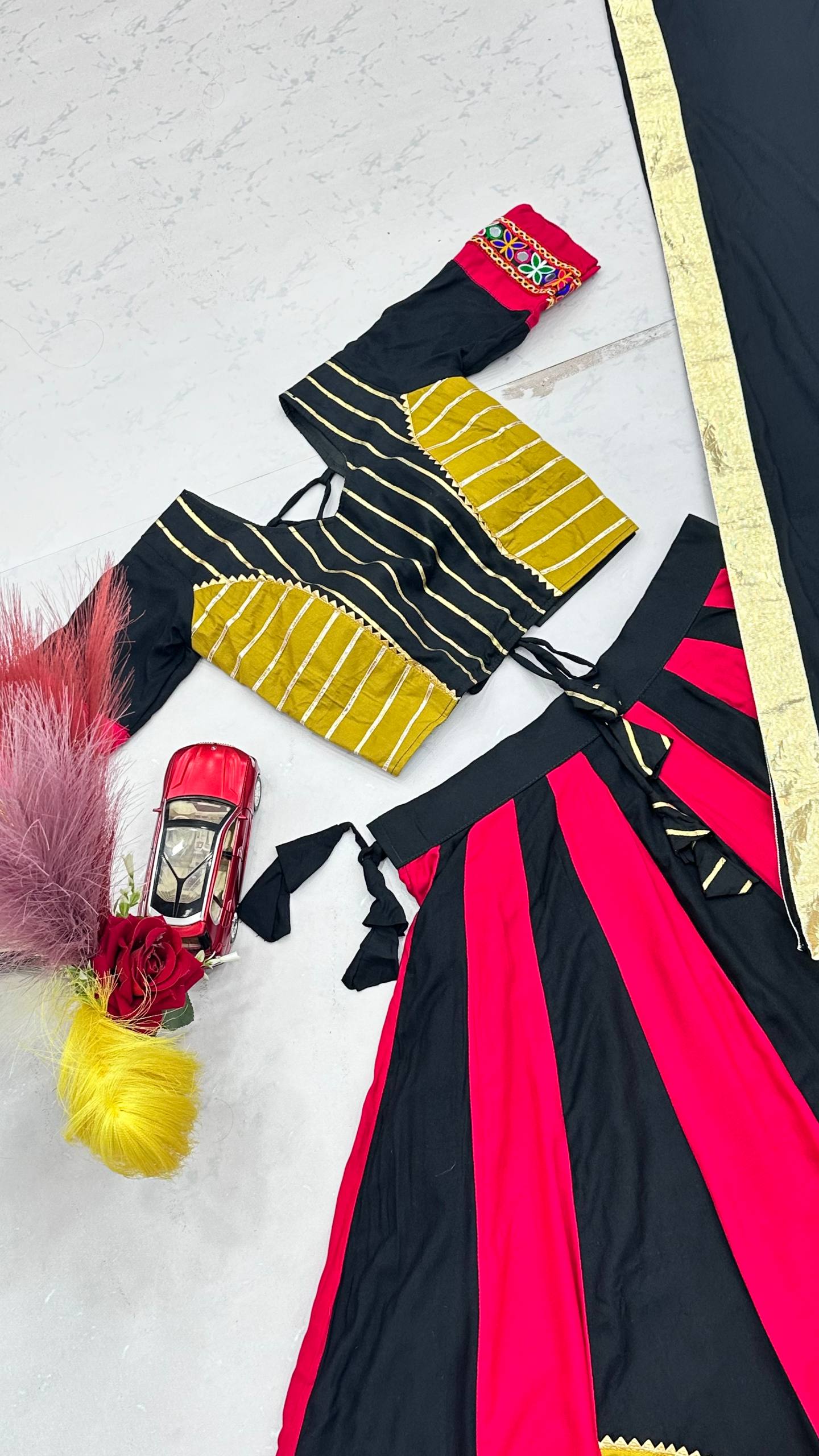Black & Magenta Gamthi Work Cotton Lehenga Choli with Mustard Details