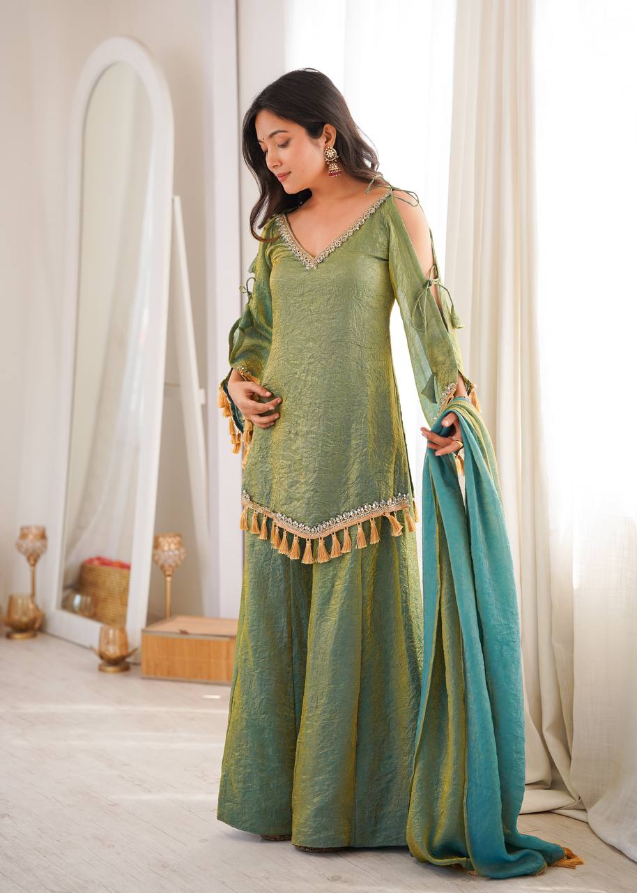 Olive Sage Green Doremon Crush Designer Plazzo Suit with Mirror Lace & Tassels