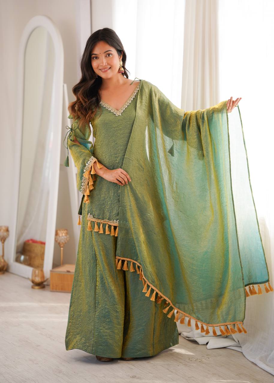 Olive Sage Green Doremon Crush Designer Plazzo Suit with Mirror Lace & Tassels