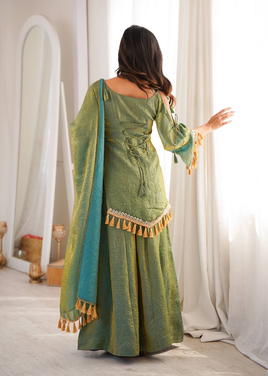Olive Sage Green Doremon Crush Designer Plazzo Suit with Mirror Lace & Tassels