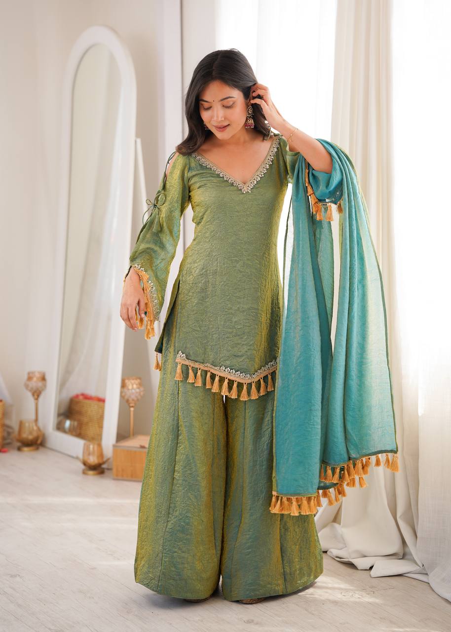 Olive Sage Green Doremon Crush Designer Plazzo Suit with Mirror Lace & Tassels