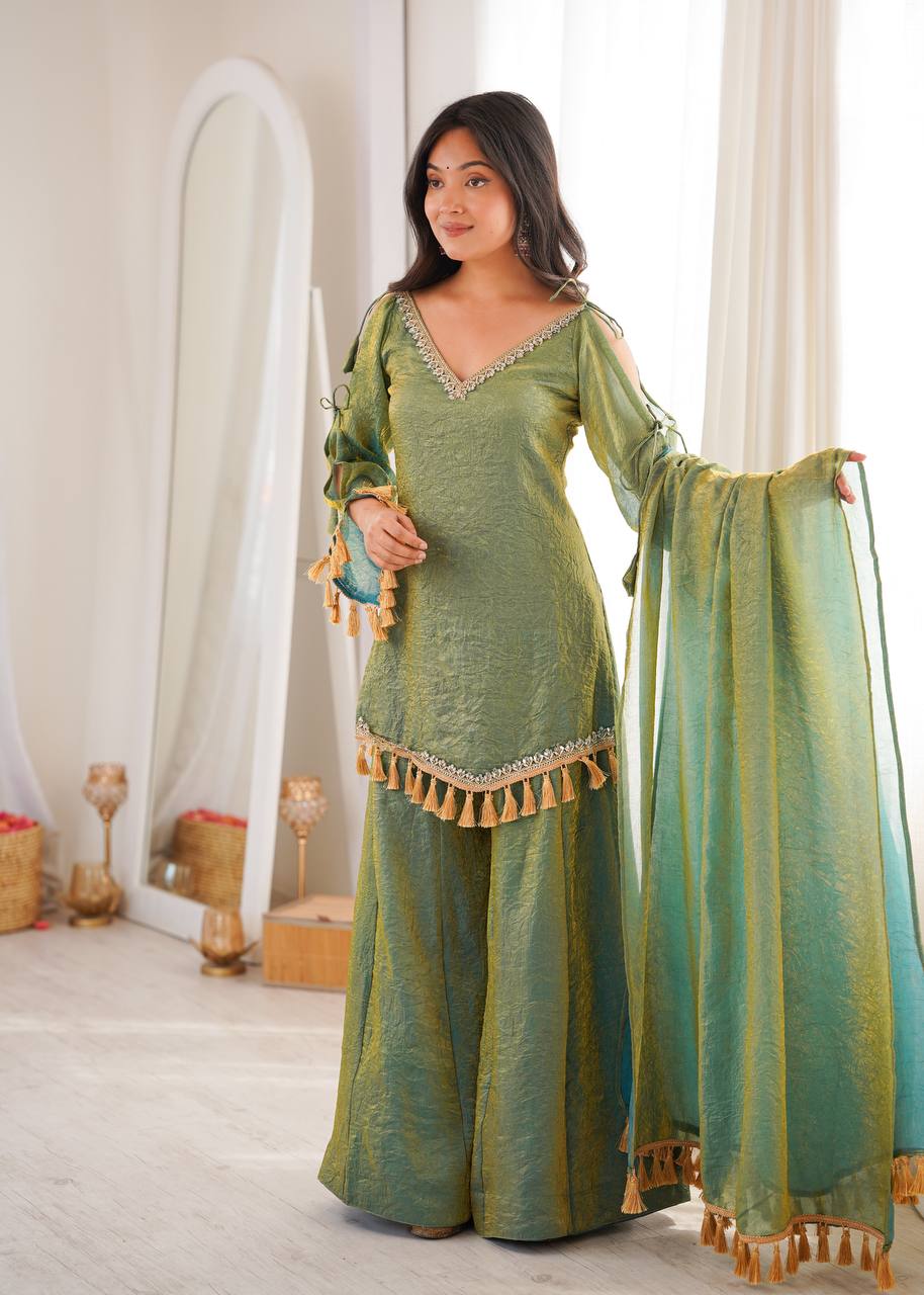 Olive Sage Green Doremon Crush Designer Plazzo Suit with Mirror Lace & Tassels
