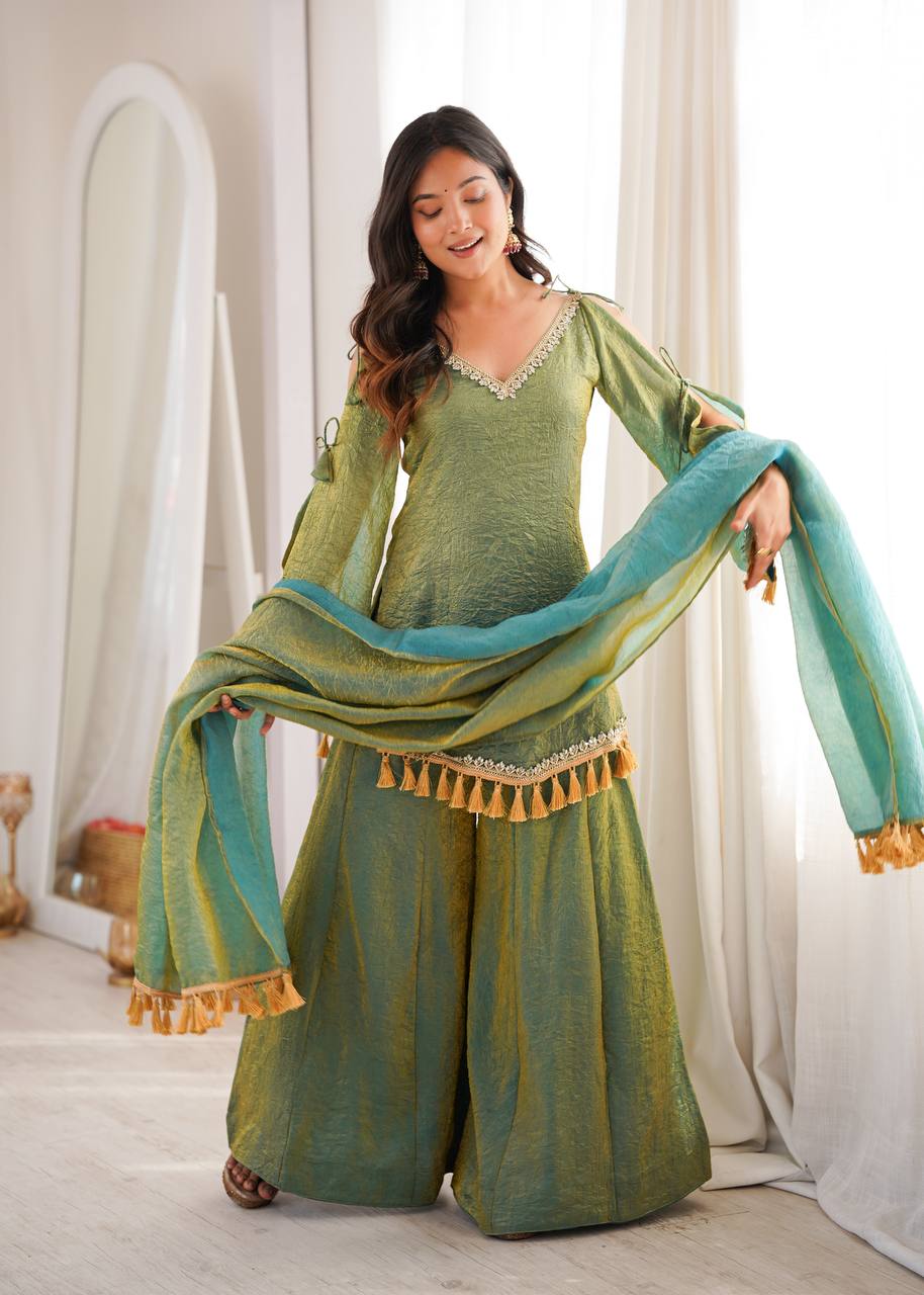 Olive Sage Green Doremon Crush Designer Plazzo Suit with Mirror Lace & Tassels