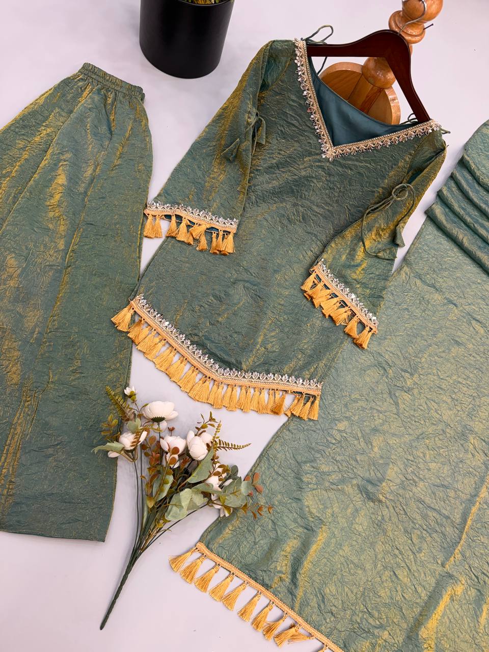 Olive Sage Green Doremon Crush Designer Plazzo Suit with Mirror Lace & Tassels