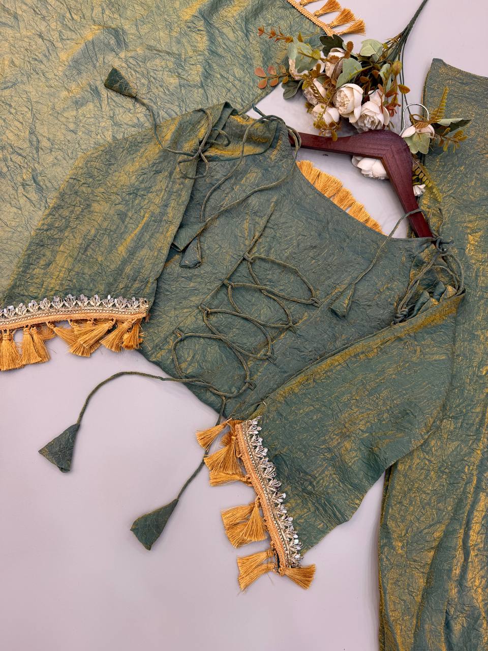 Olive Sage Green Doremon Crush Designer Plazzo Suit with Mirror Lace & Tassels