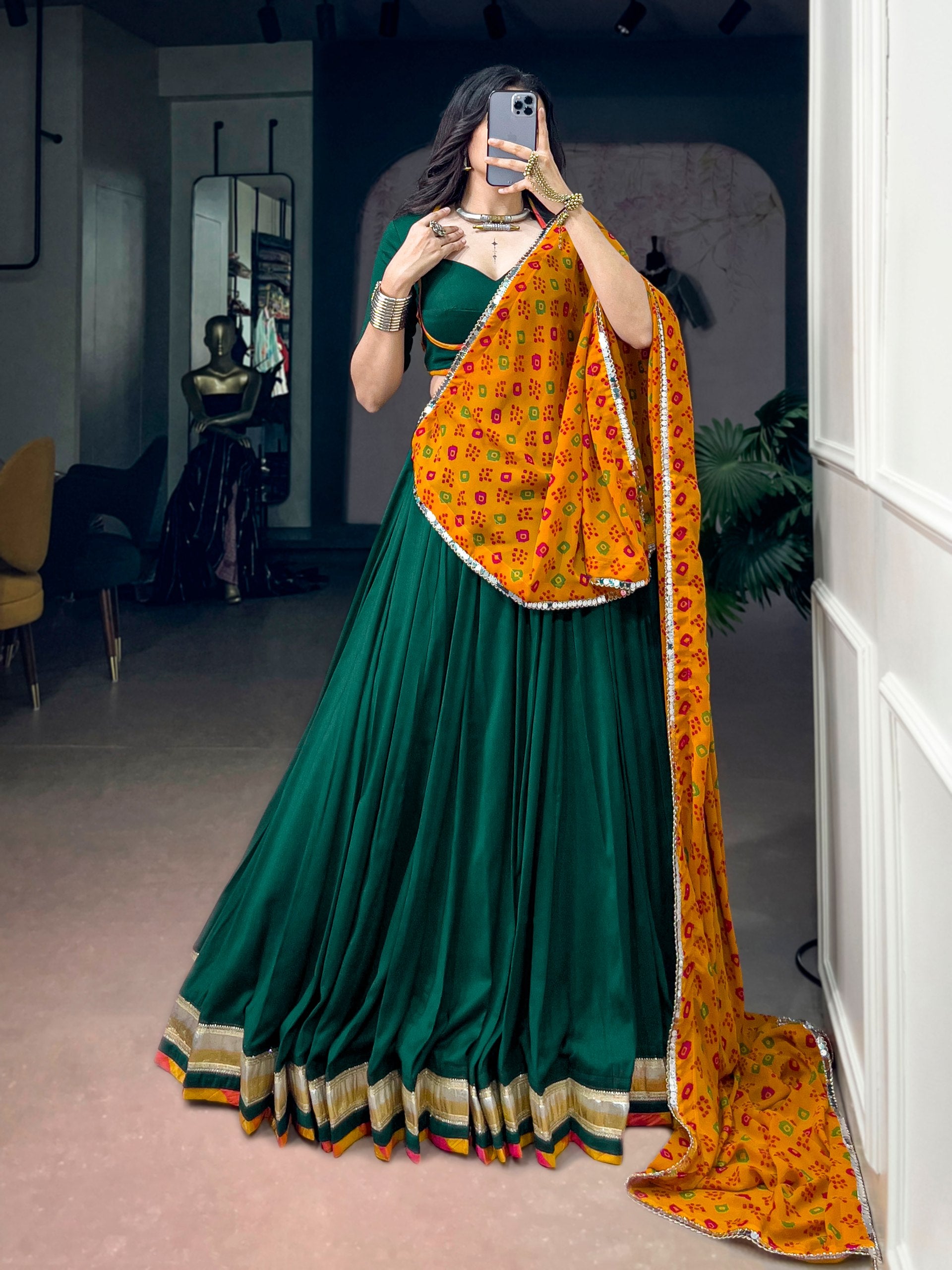 Bottle Green Chinon Navratri Lehenga Choli with Mustard Bandhani Dupatta | 8 Meter Flair