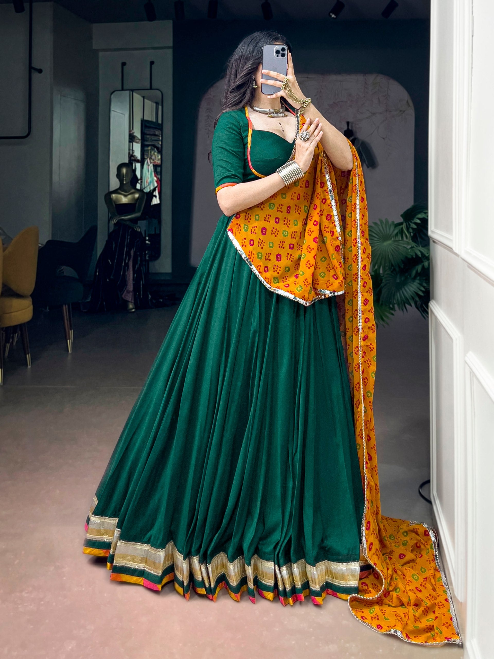 Bottle Green Chinon Navratri Lehenga Choli with Mustard Bandhani Dupatta | 8 Meter Flair