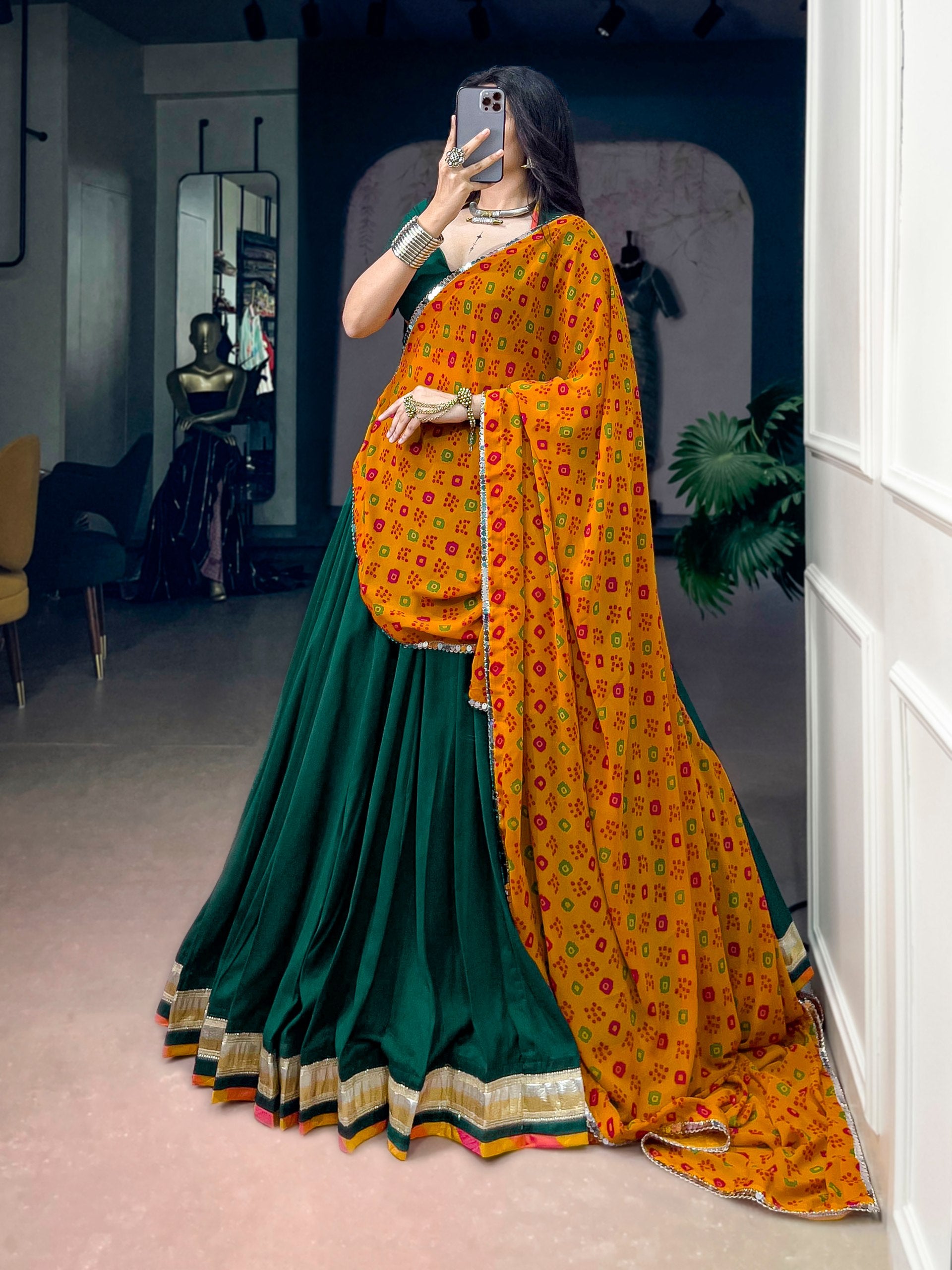Bottle Green Chinon Navratri Lehenga Choli with Mustard Bandhani Dupatta | 8 Meter Flair