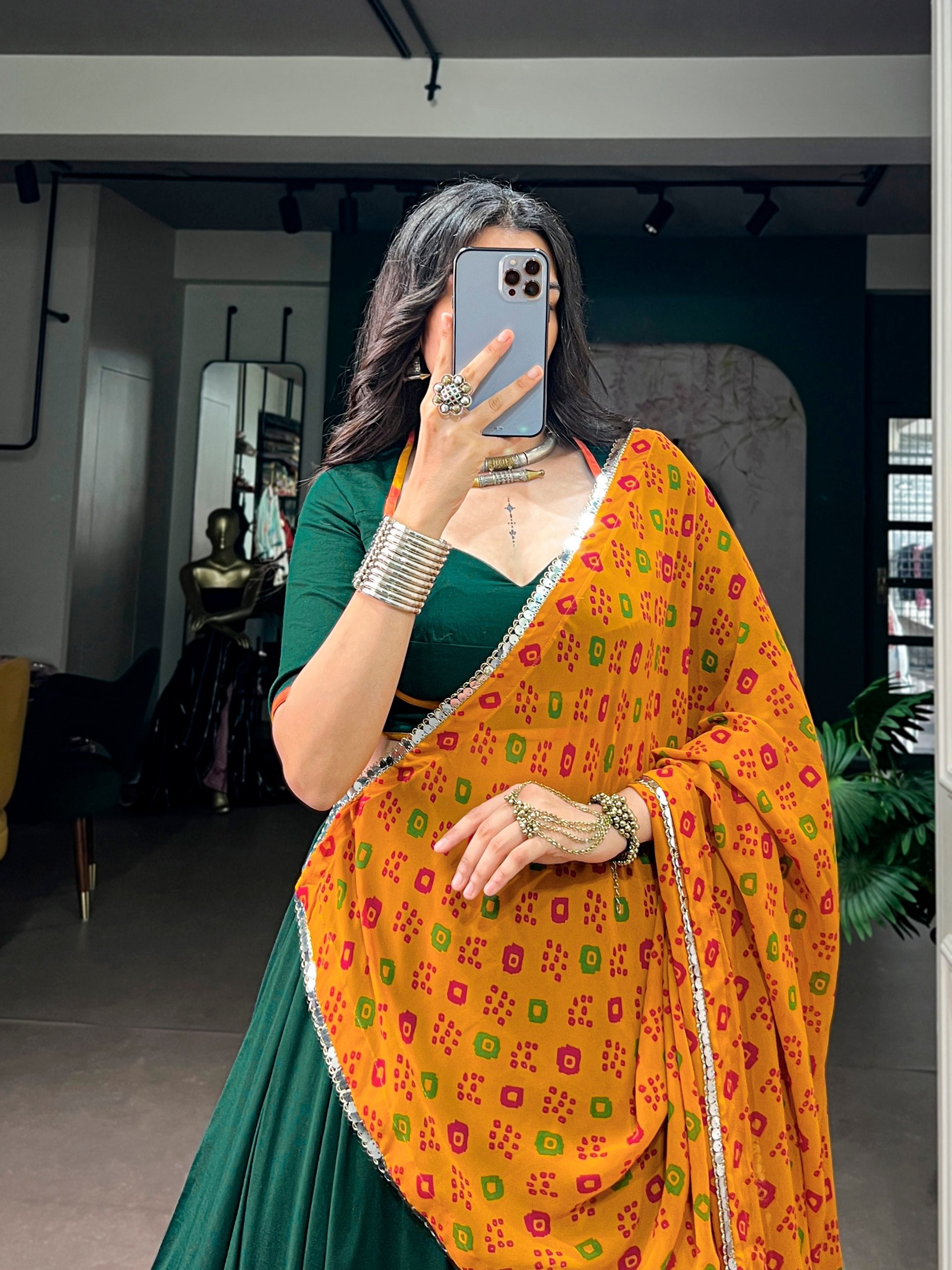 Bottle Green Chinon Navratri Lehenga Choli with Mustard Bandhani Dupatta | 8 Meter Flair
