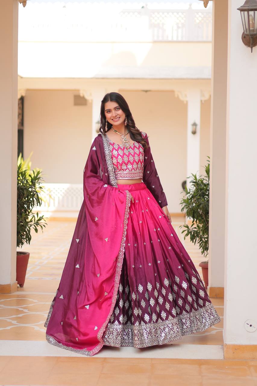 Surprising Embroidered Chinon Wedding Lehenga Choli