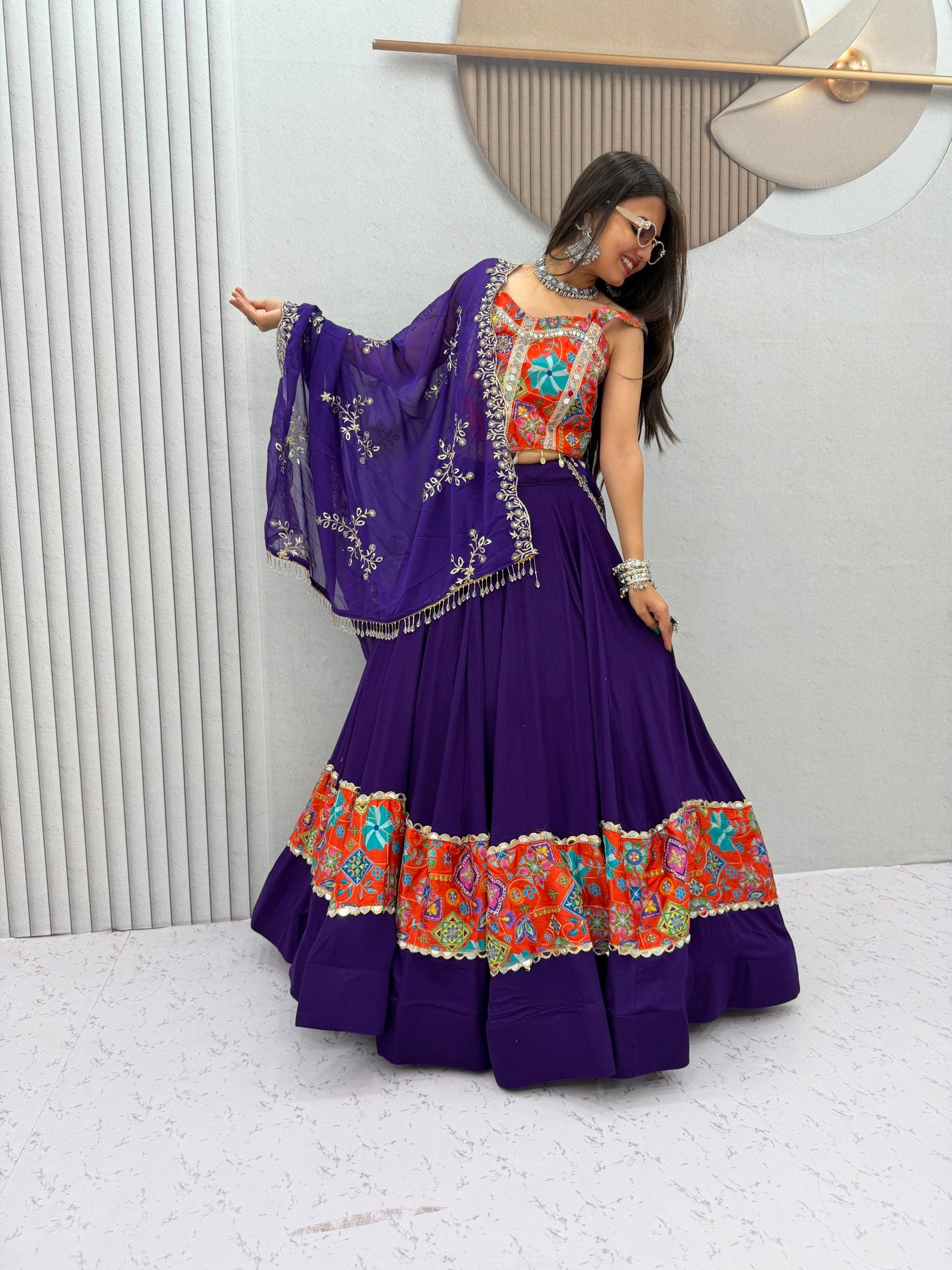 Royal Purple Cotton Navratri Lehenga Choli Set with Multicolor Mirror Work & Embroidered Dupatta