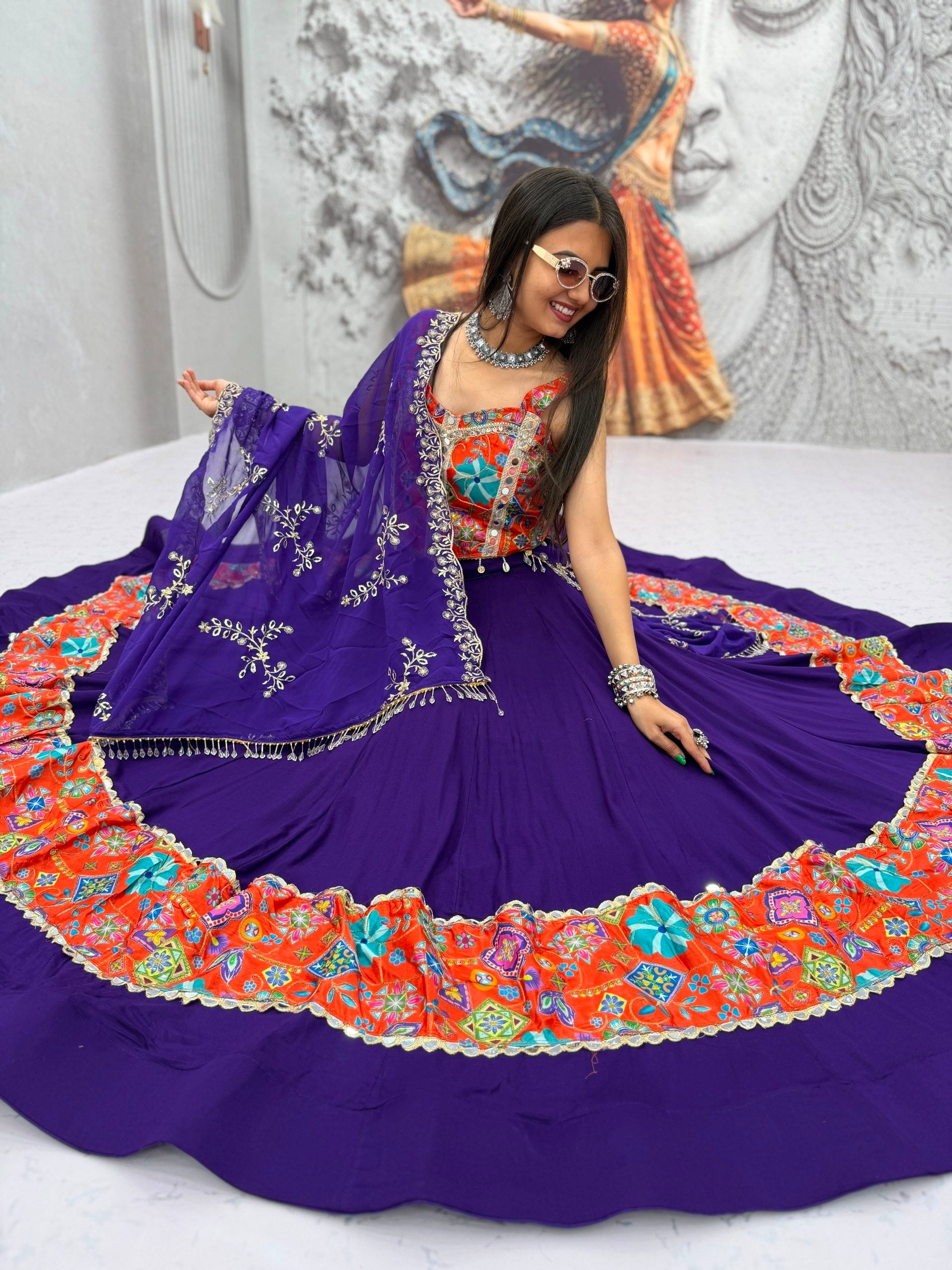Royal Purple Cotton Navratri Lehenga Choli Set with Multicolor Mirror Work & Embroidered Dupatta